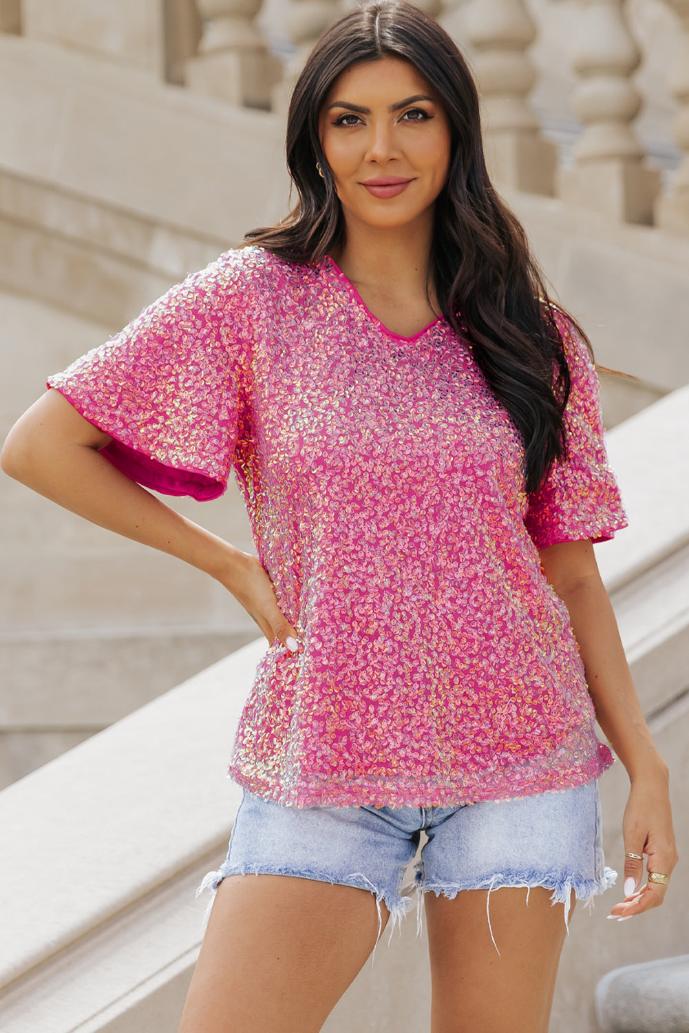 Bonbon V Neck Wide Sleeve Sequin Top
