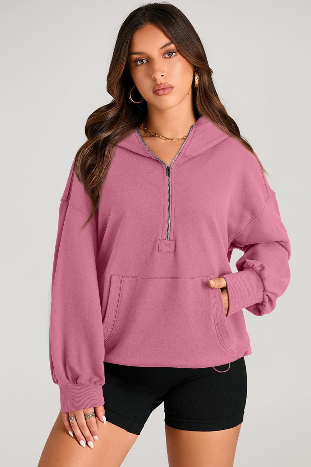 Parchment Solid Kangaroo Pocket Half Zipper Oversized Hoodie