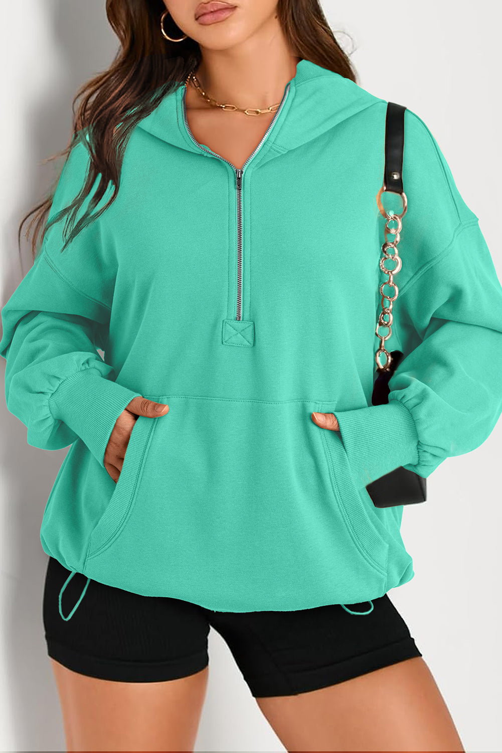 Parchment Solid Kangaroo Pocket Half Zipper Oversized Hoodie