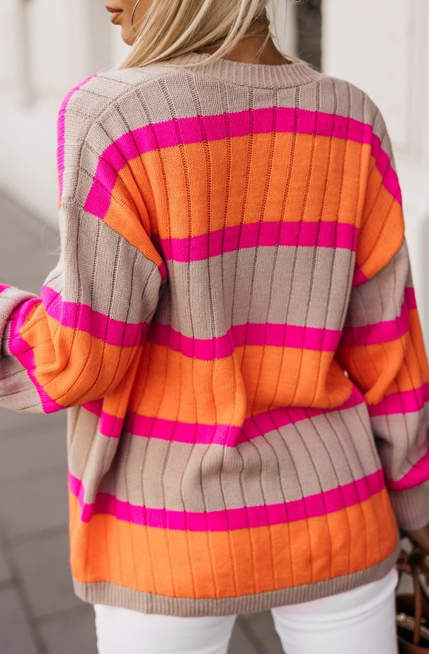 Orange Striped Colorblock Drop Shoulder Slouchy Cardigan