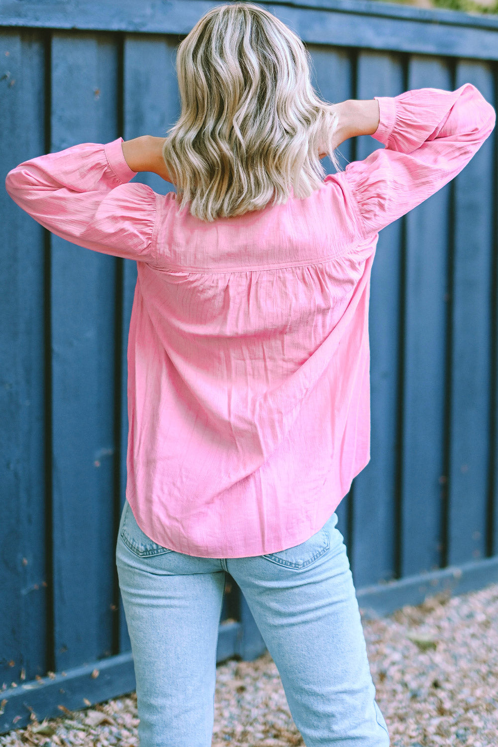 Pirouette Button Split Neck Pleated Puff Sleeve Blouse