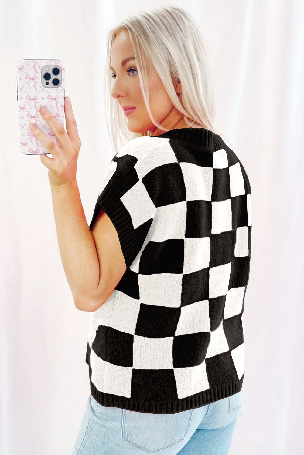 Strawberry Pink Colorblock Plaid Pattern Ribbed Trim Sweater Tank Top