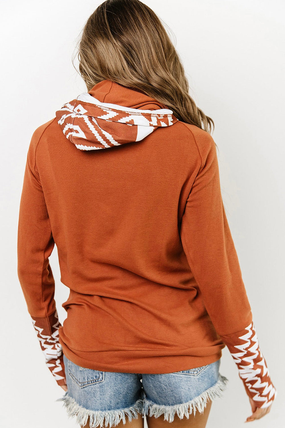 Pink Aztec Print Patchwork Thumb Hole Hoodie
