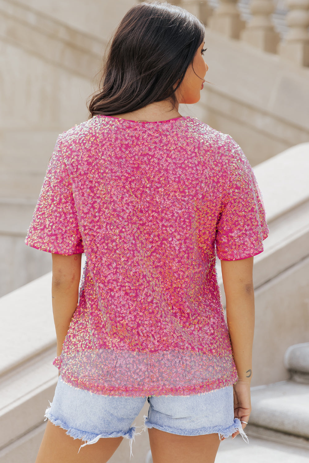 Bonbon V Neck Wide Sleeve Sequin Top