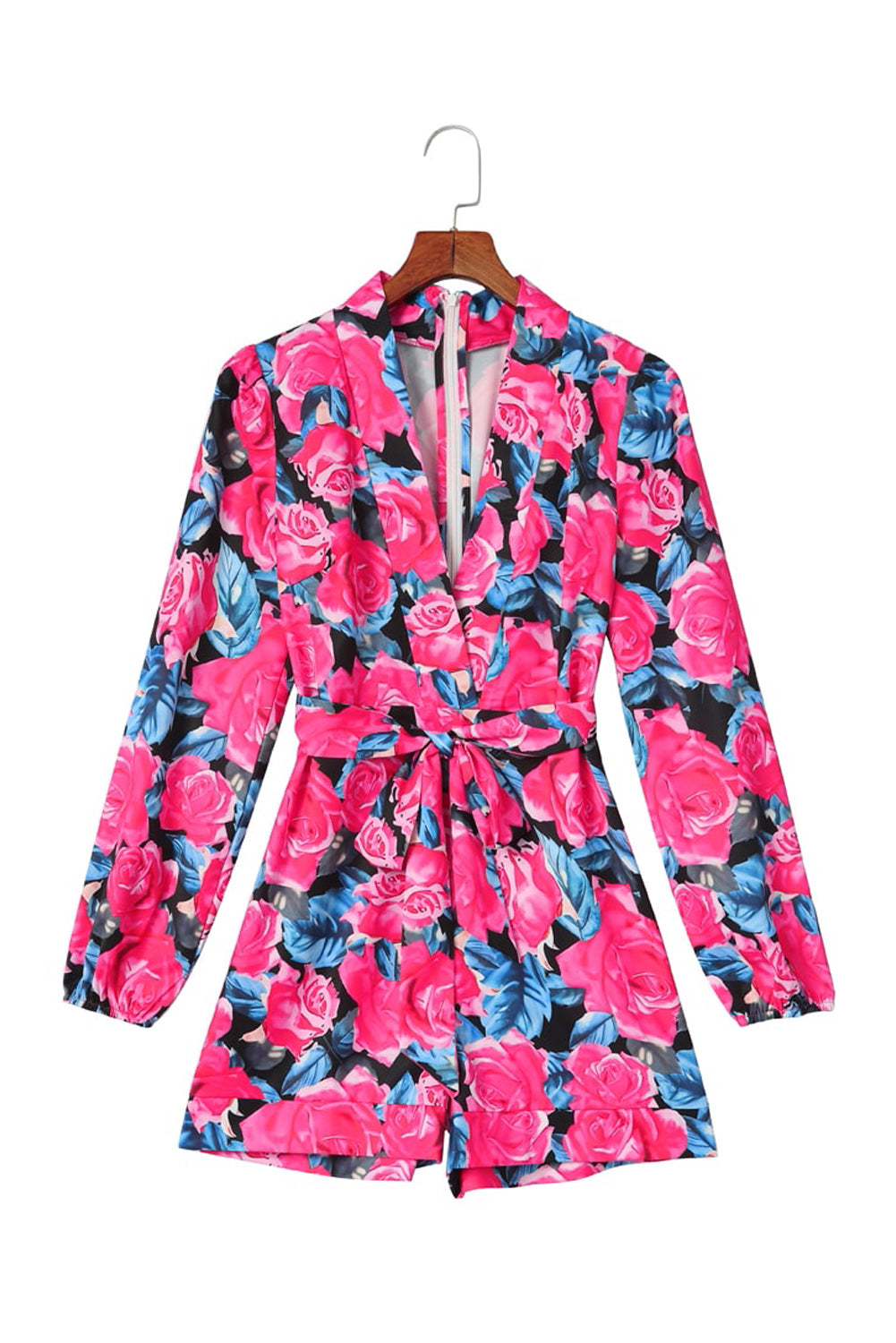 Rose Deep V Neck Long Sleeve Floral Romper