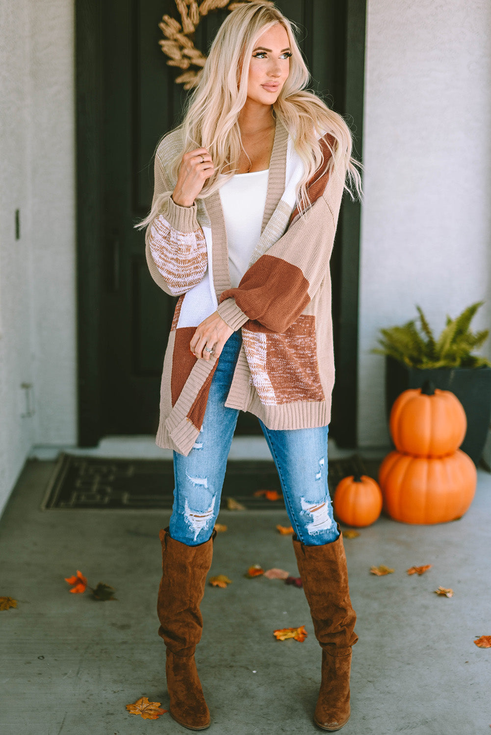Khaki Checkered Pattern Open Front Drop Shoulder Slouchy Cardigan