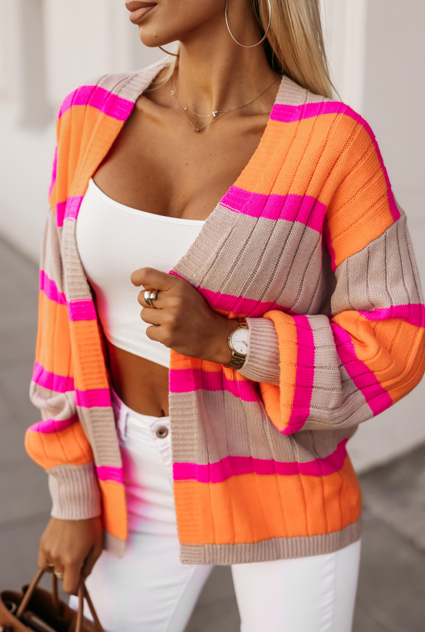 Orange Striped Colorblock Drop Shoulder Slouchy Cardigan