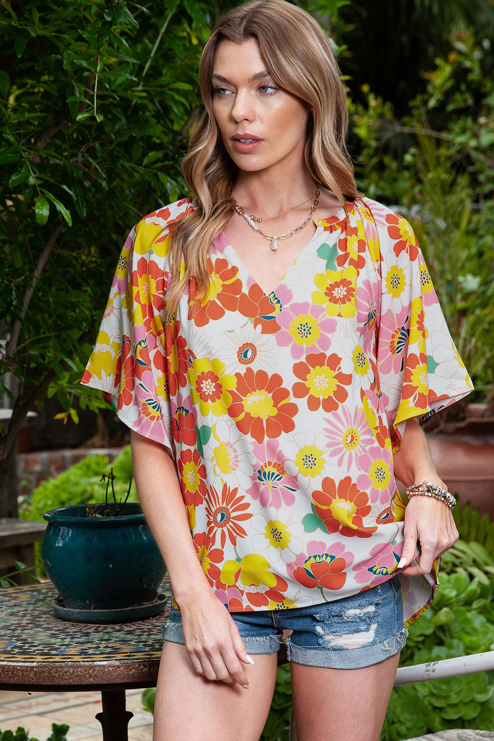 Multicolor Stand Collar Flutter Sleeves Floral Top