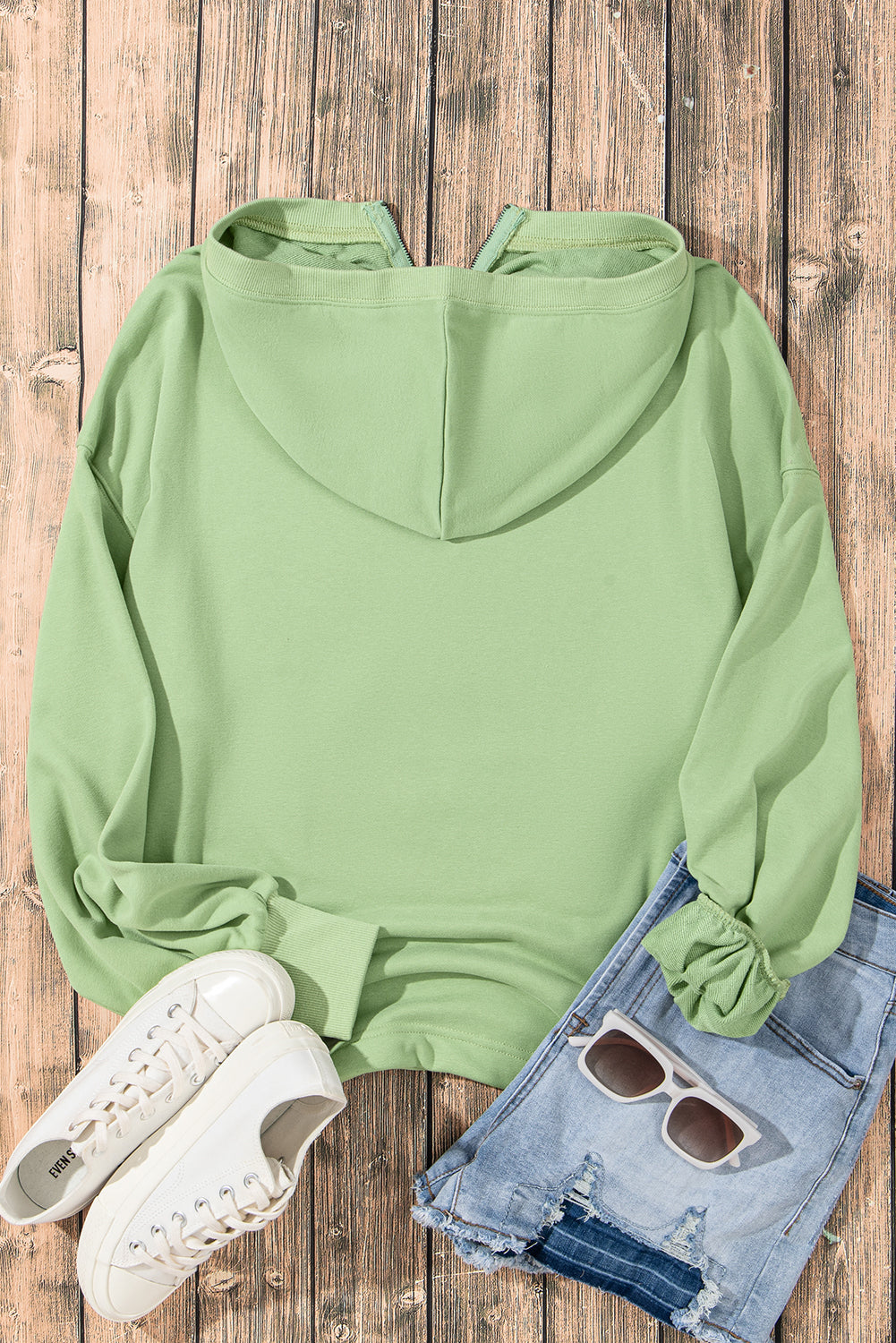 Parchment Solid Kangaroo Pocket Half Zipper Oversized Hoodie