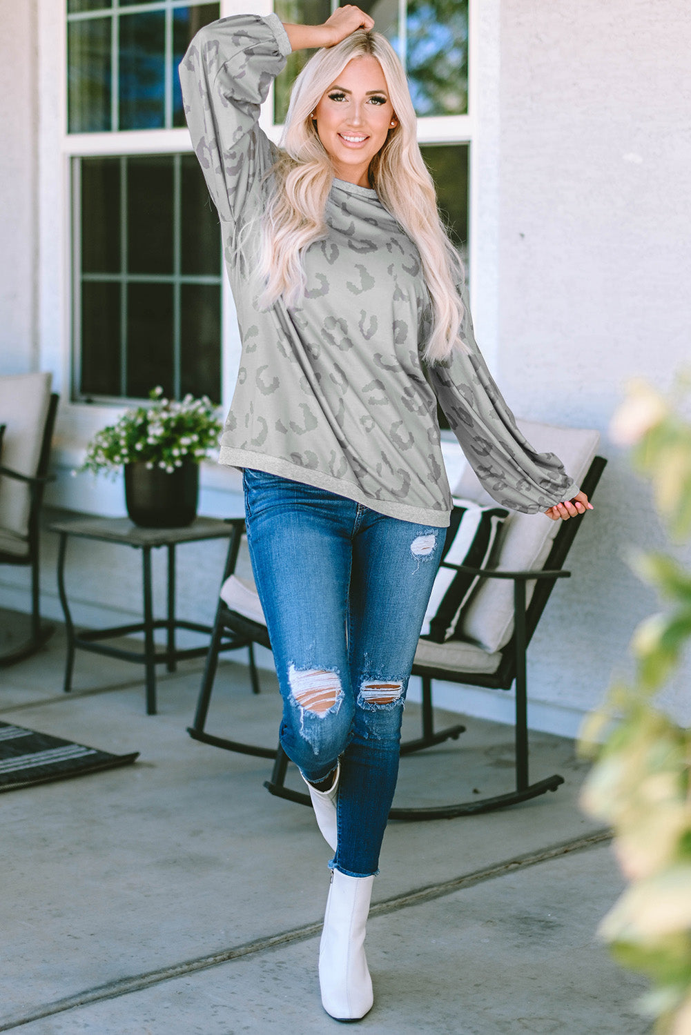 Leopard Animal Print Drop Shoulder Loose Sleeve Casual Top