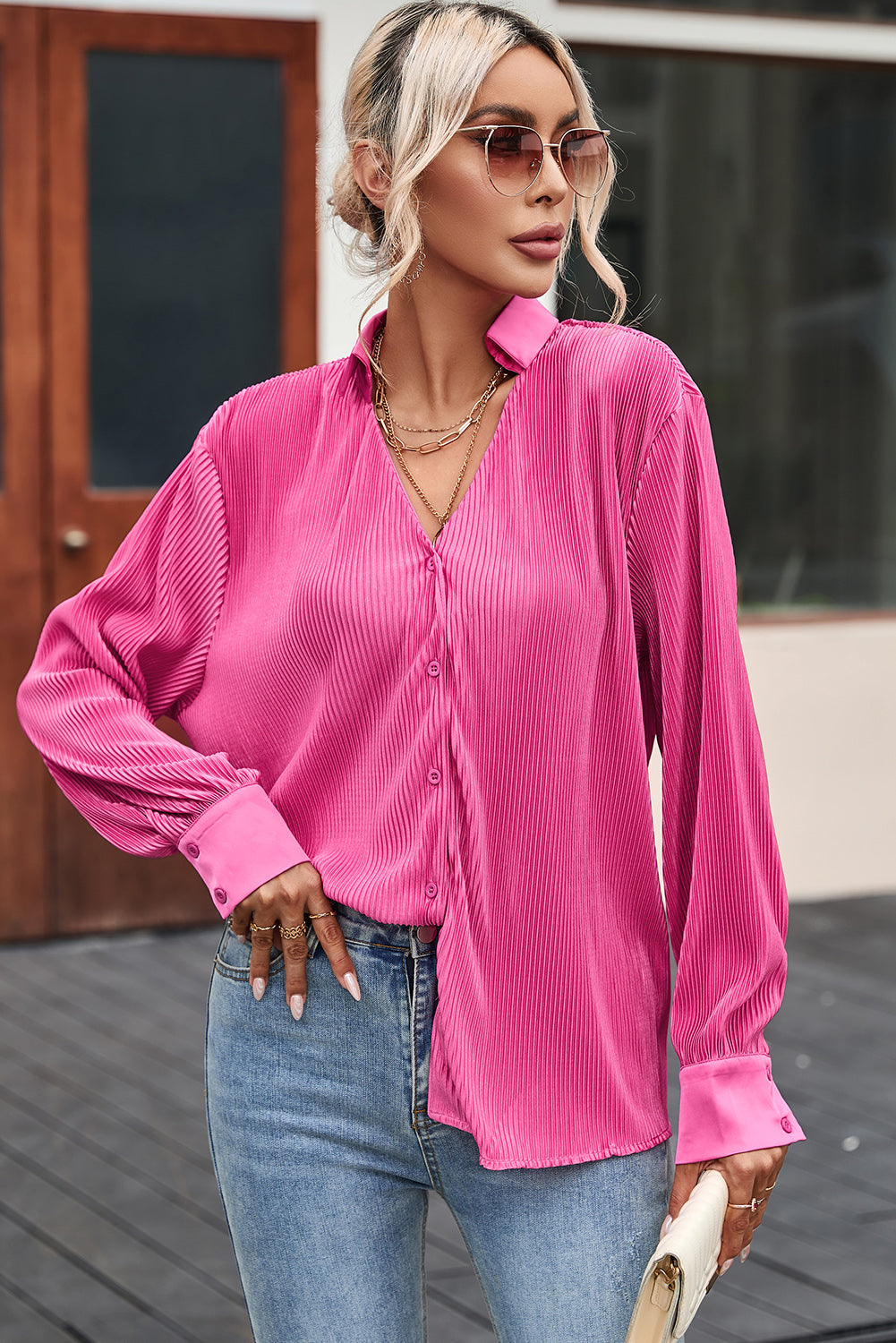 Pink V Neck Collared Button Pleated Shirt
