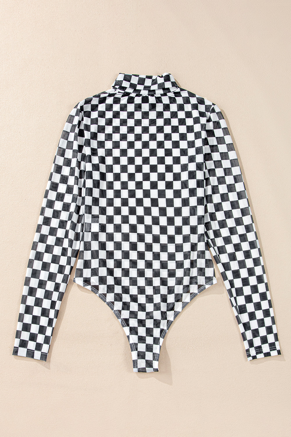 Black Checkered Printed Long Sleeve High Neck Bodysuit