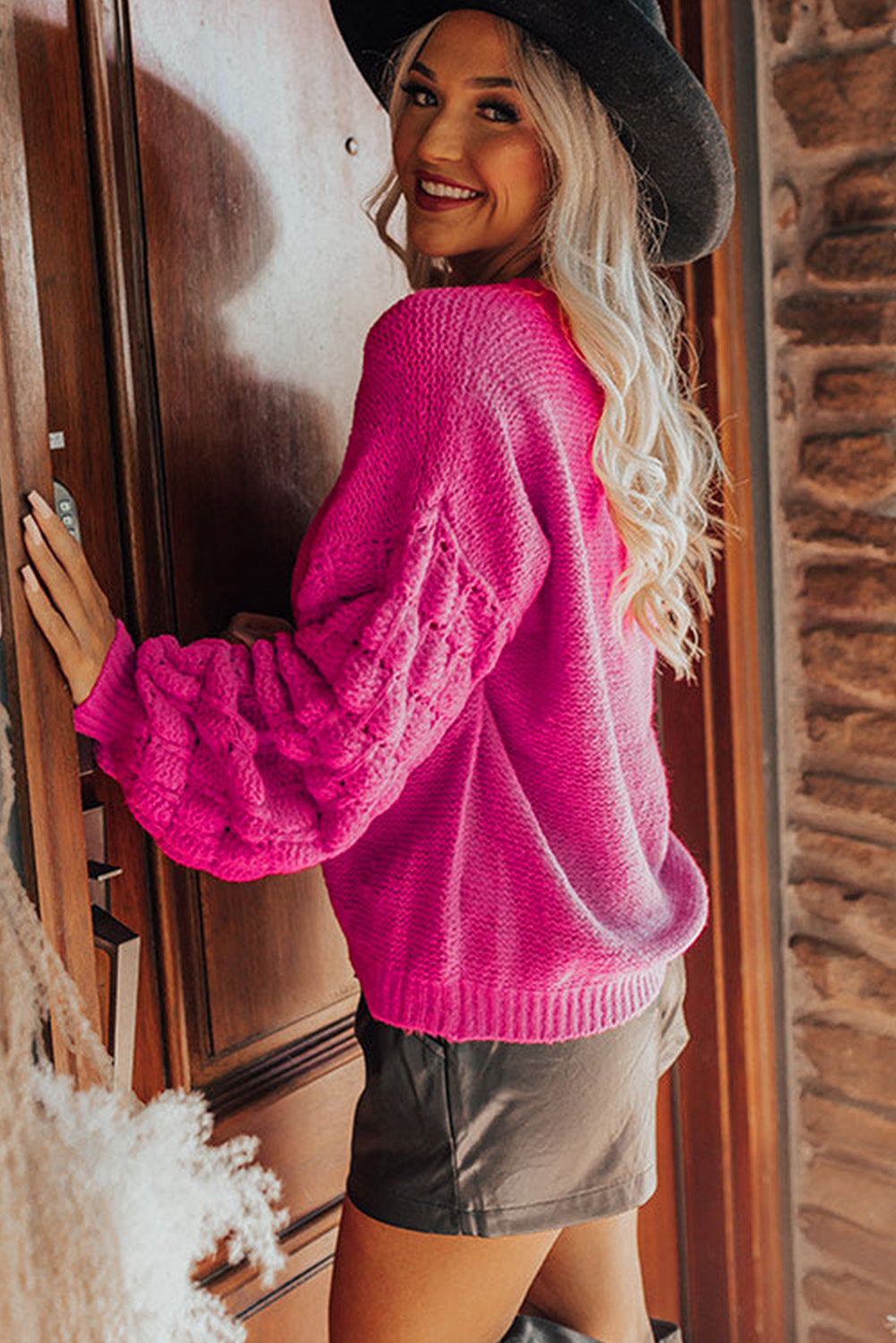 Khaki Hollowed Bubble Sleeve Knit Sweater