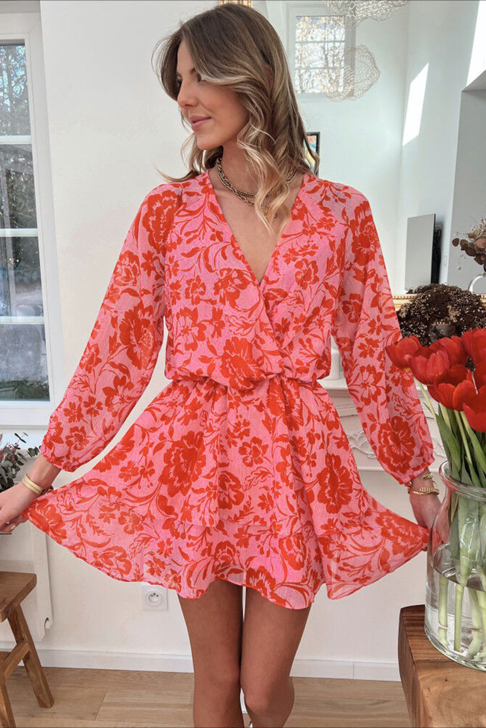 Red Floral Ruffle Layered Puff Sleeve Surplice Dress