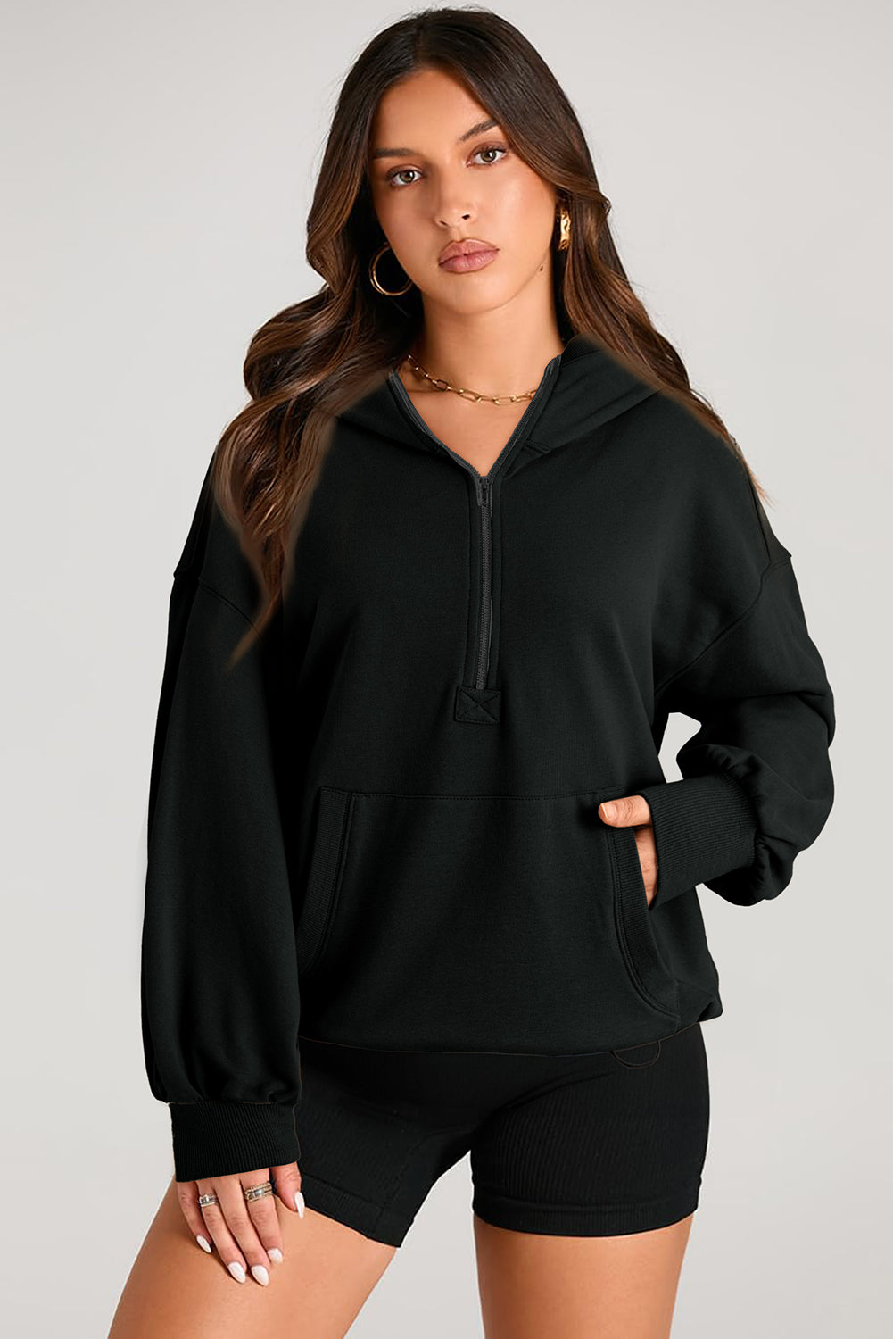 Parchment Solid Kangaroo Pocket Half Zipper Oversized Hoodie