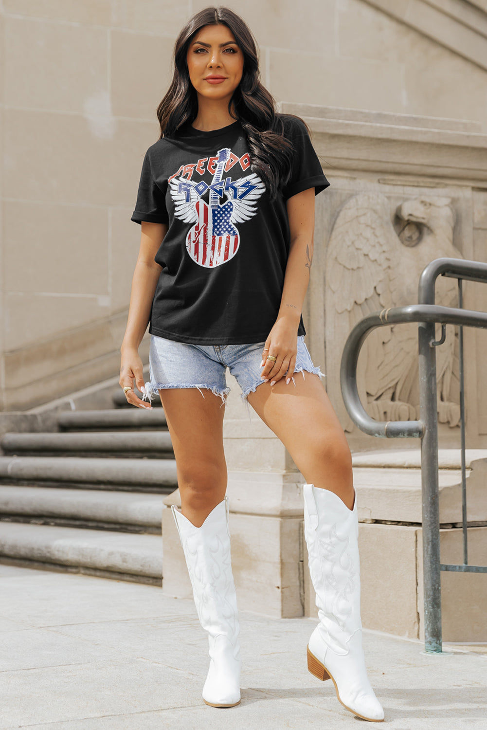 Black American Flag Guitar Print Crew Neck Tee