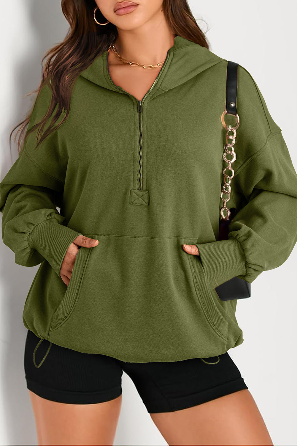 Parchment Solid Kangaroo Pocket Half Zipper Oversized Hoodie