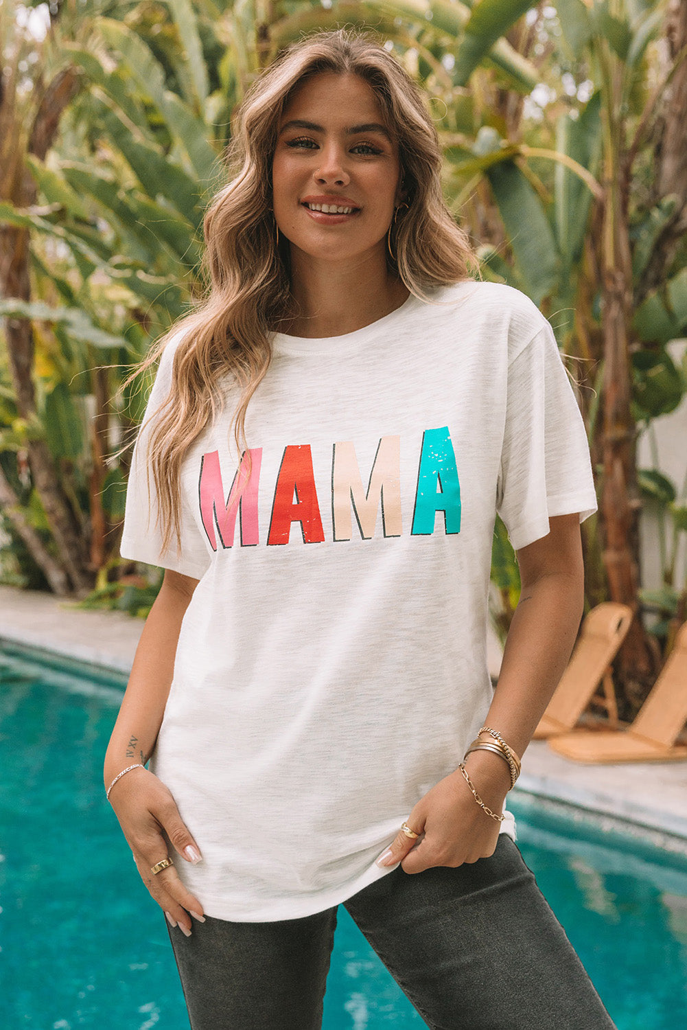MAMA Letter Print Round Neck Short Sleeve T Shirt