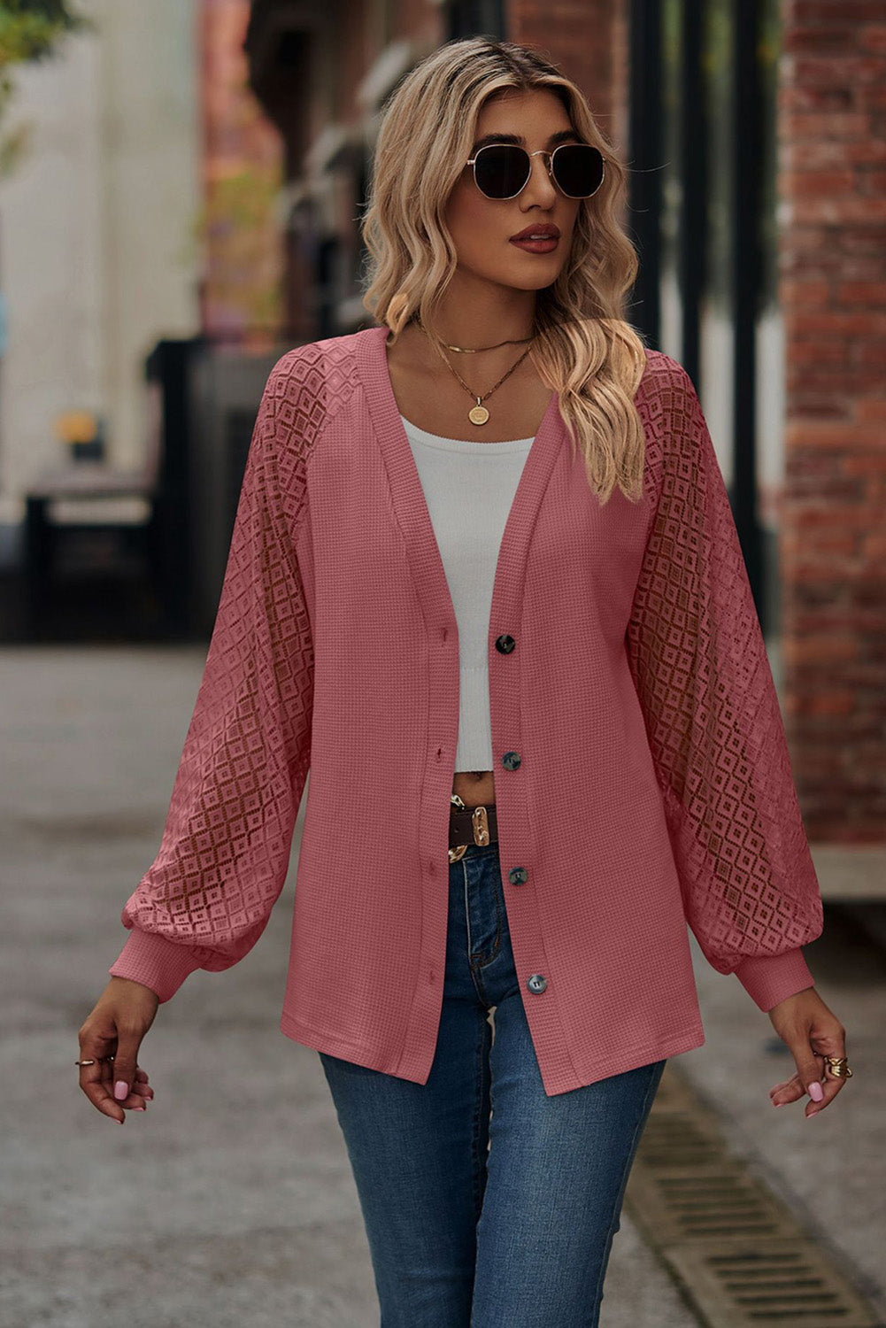 Black Waffled Knit Lace Long Sleeve Buttoned Cardigan