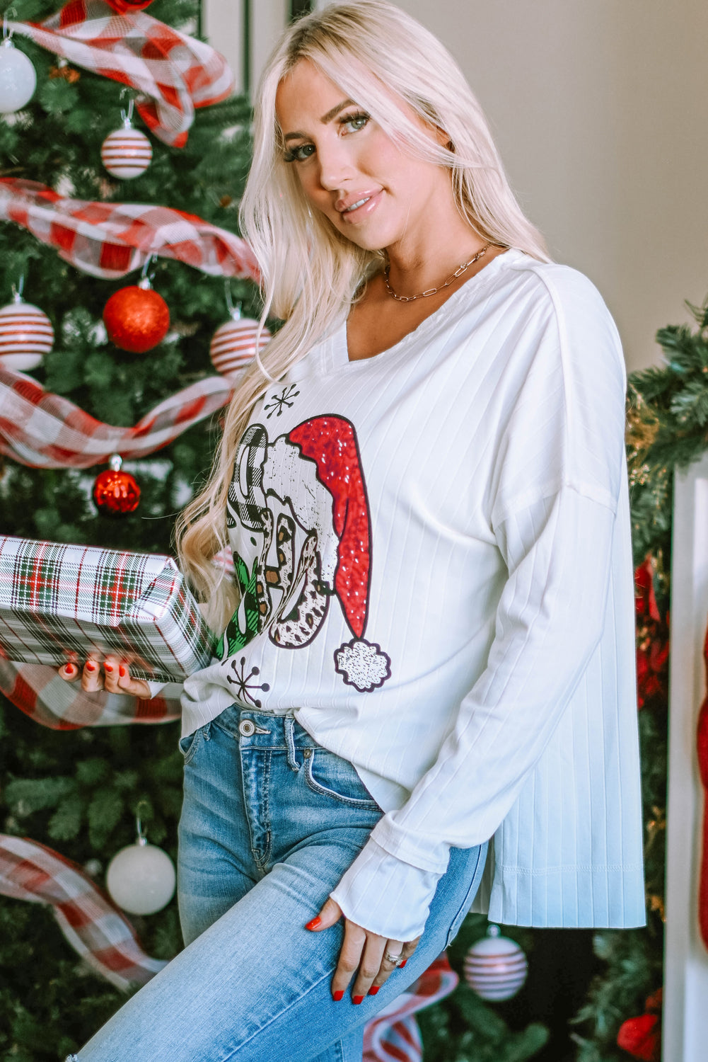 White HOHOHO Christmas Graphic Wide Rib Long Sleeve Top