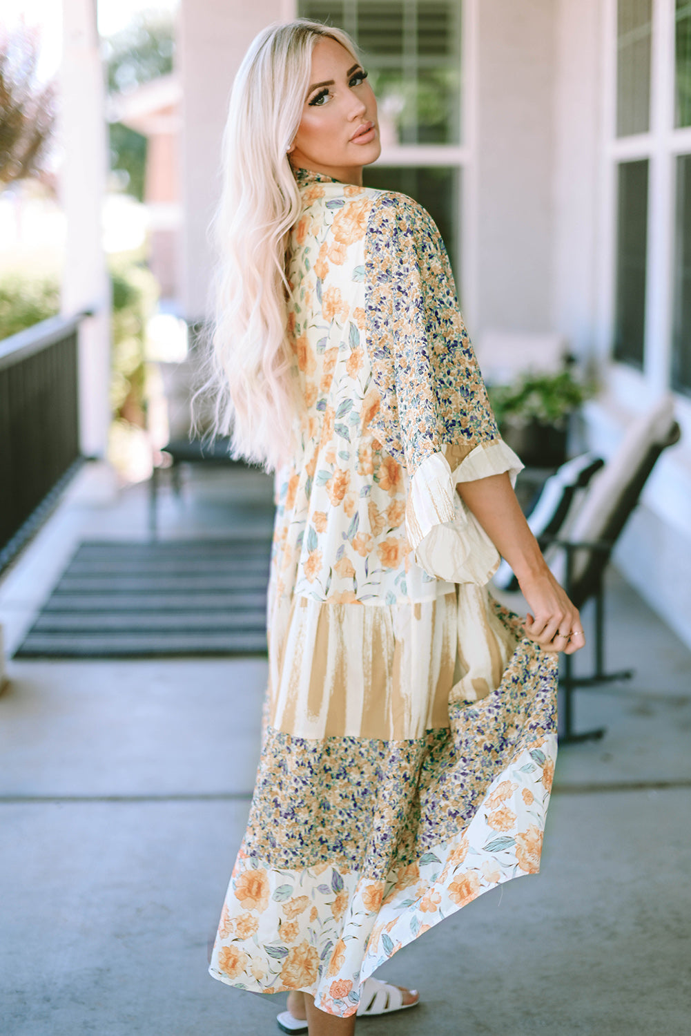 Multicolor Wide Sleeve Mixed Floral Print Long Kimono