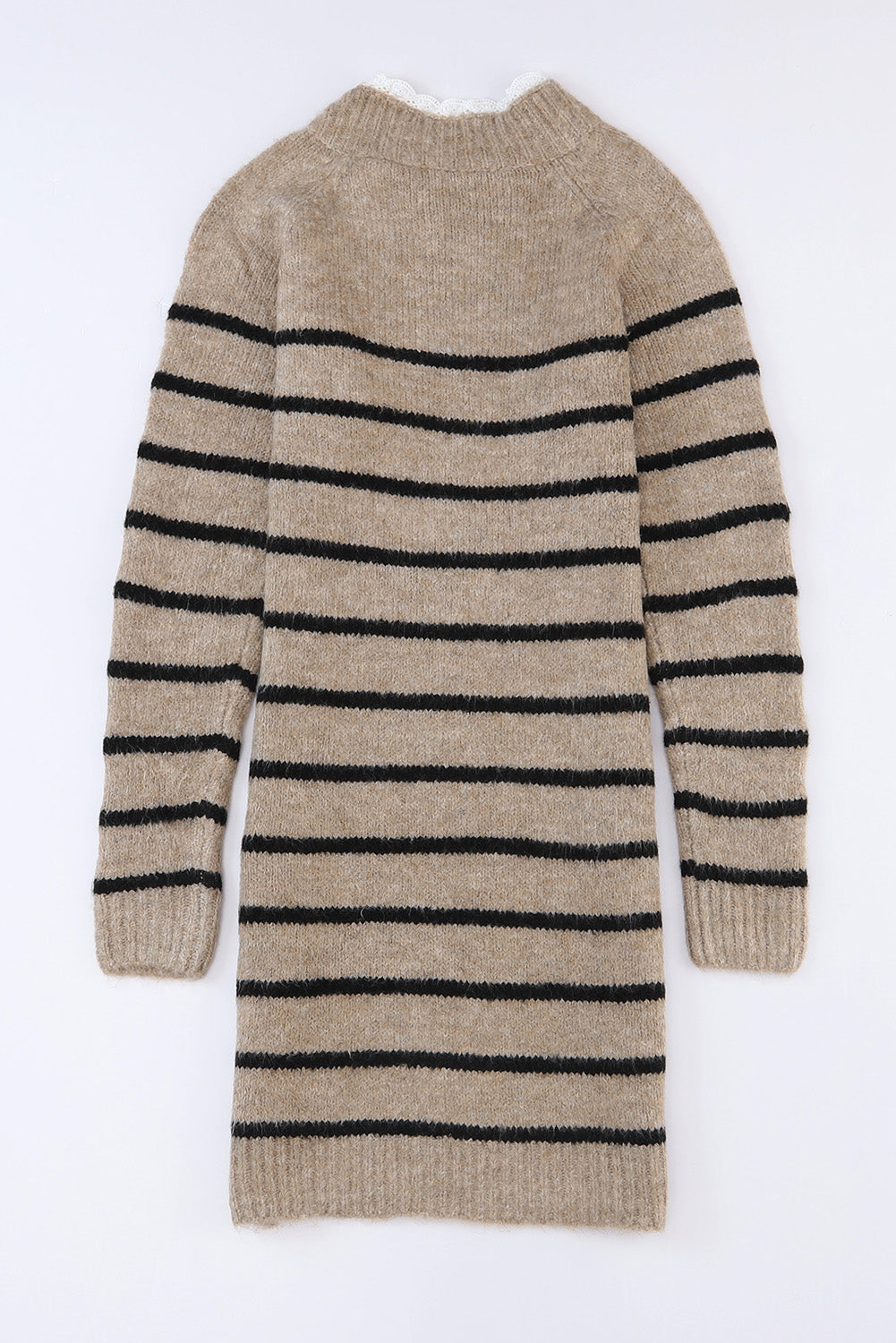 Khaki Striped Print Lace Neck Asymmetric Buttons Sweater Dress