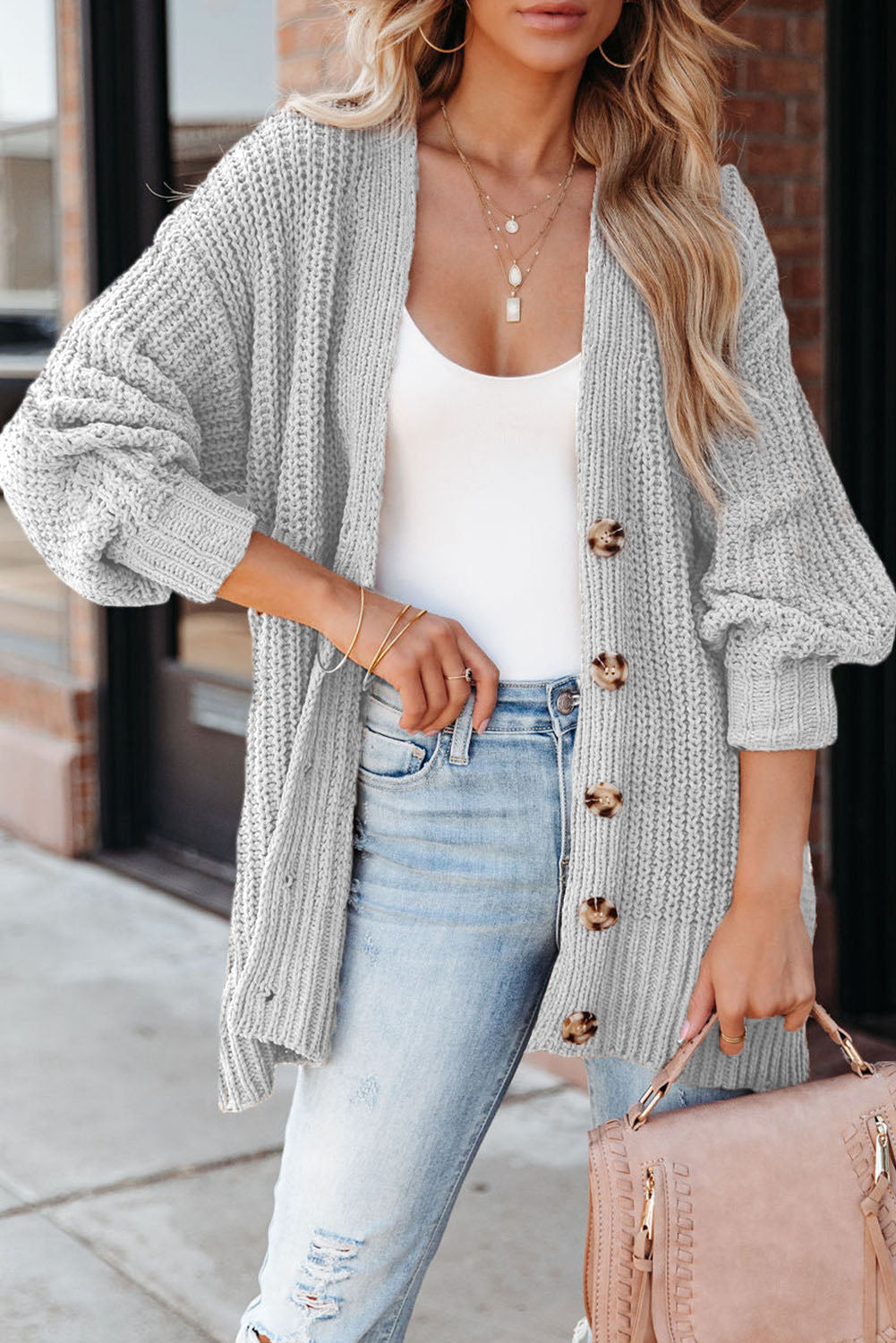 Khaki Buttoned Front Drop Shoulder Knitted Cardigan