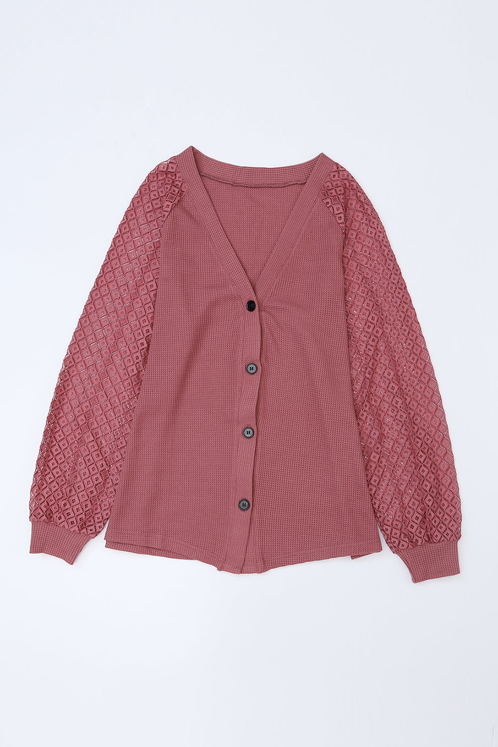 Black Waffled Knit Lace Long Sleeve Buttoned Cardigan