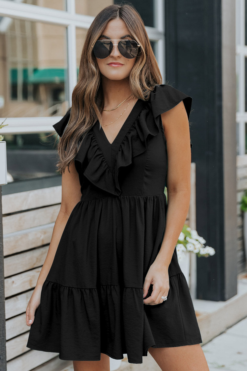 Black Ruffle Trim V Neck Smocking Back Mini Dress