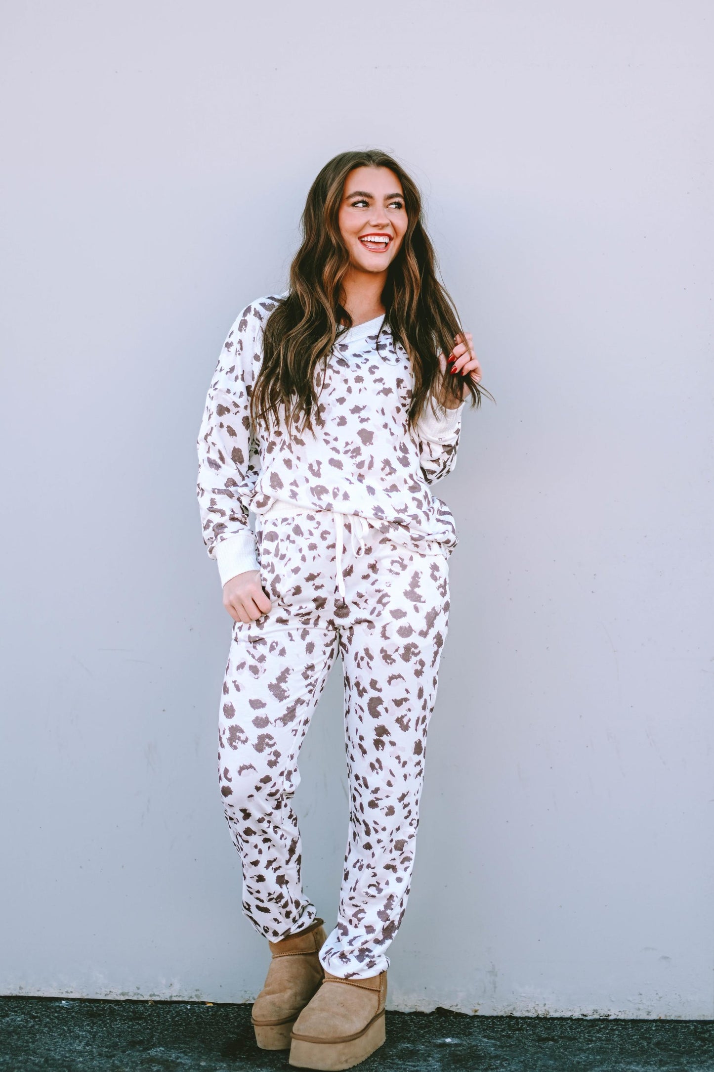 Printed Leopard Long Sleeve Top Drawstring Joggers Lounge Outfit