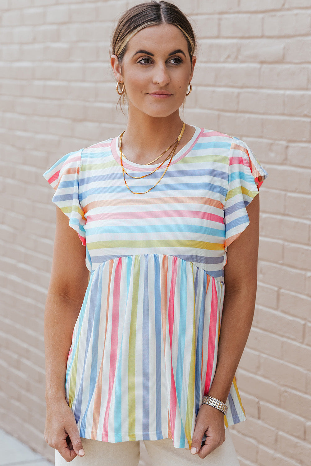 Multicolor Stripe Print Textured Knit Babydoll Blouse