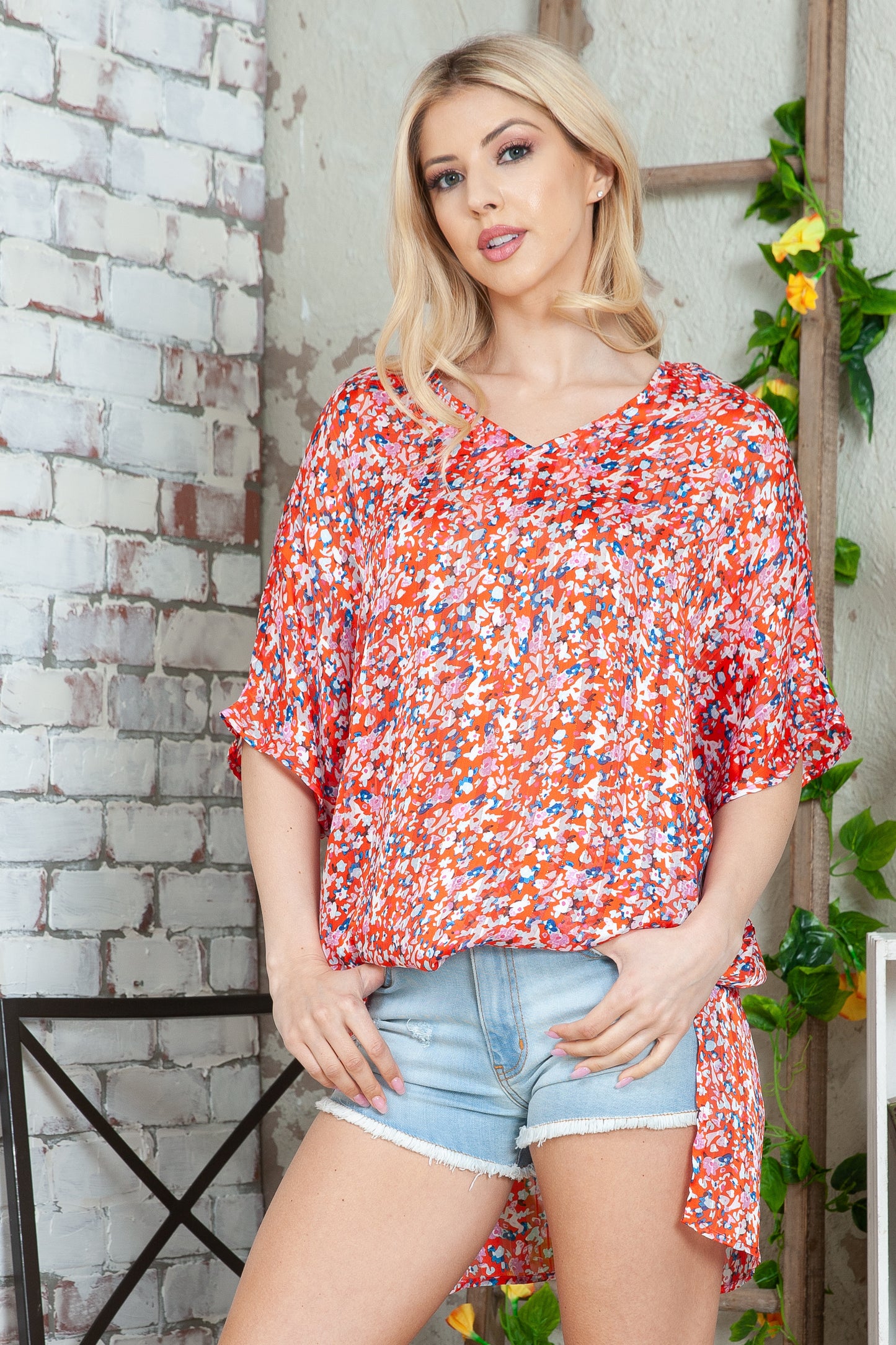 Abstract Floral Print Oversize Tunic Top