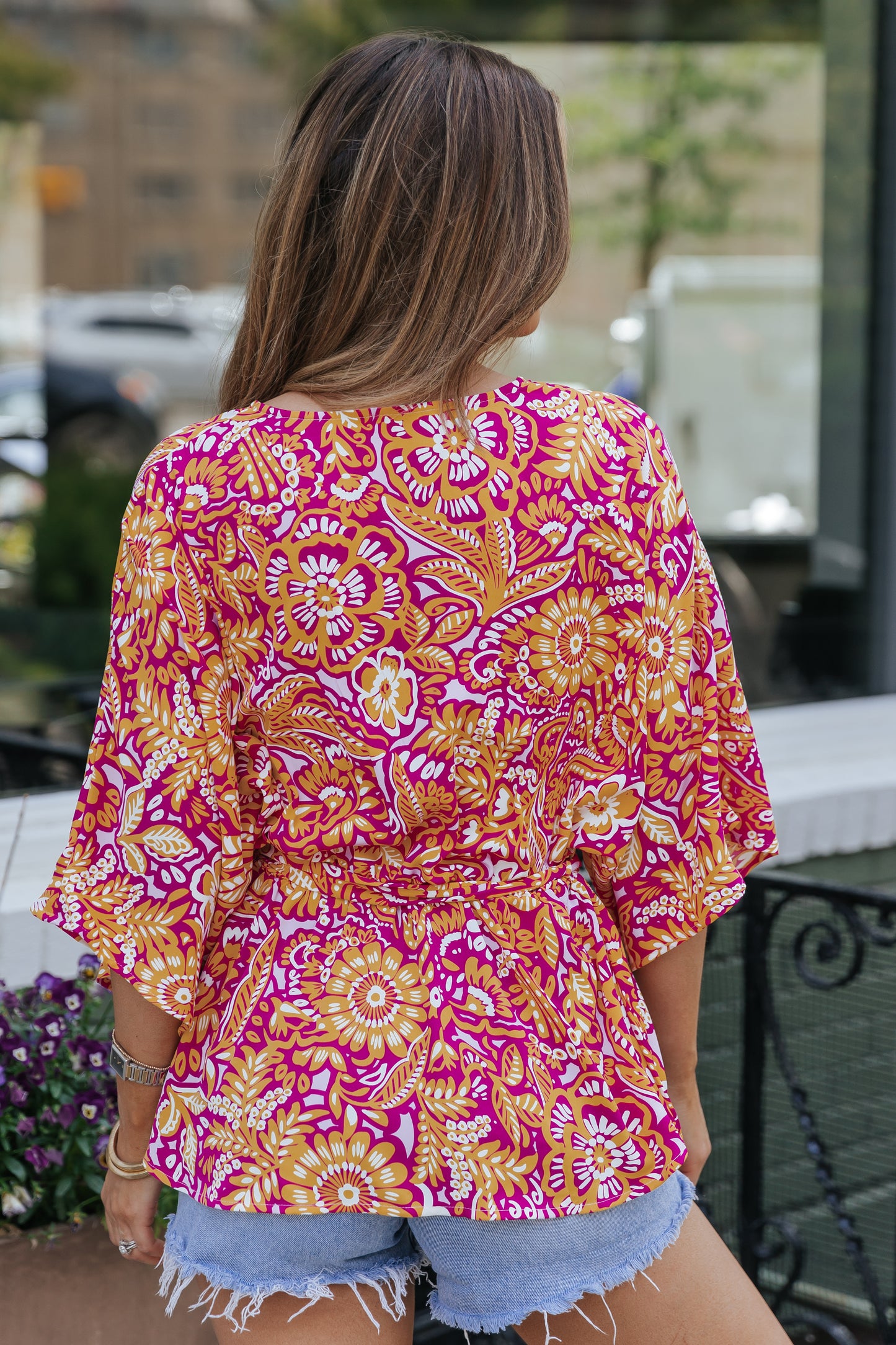 Boho Floral Print Belted Surplice Blouse