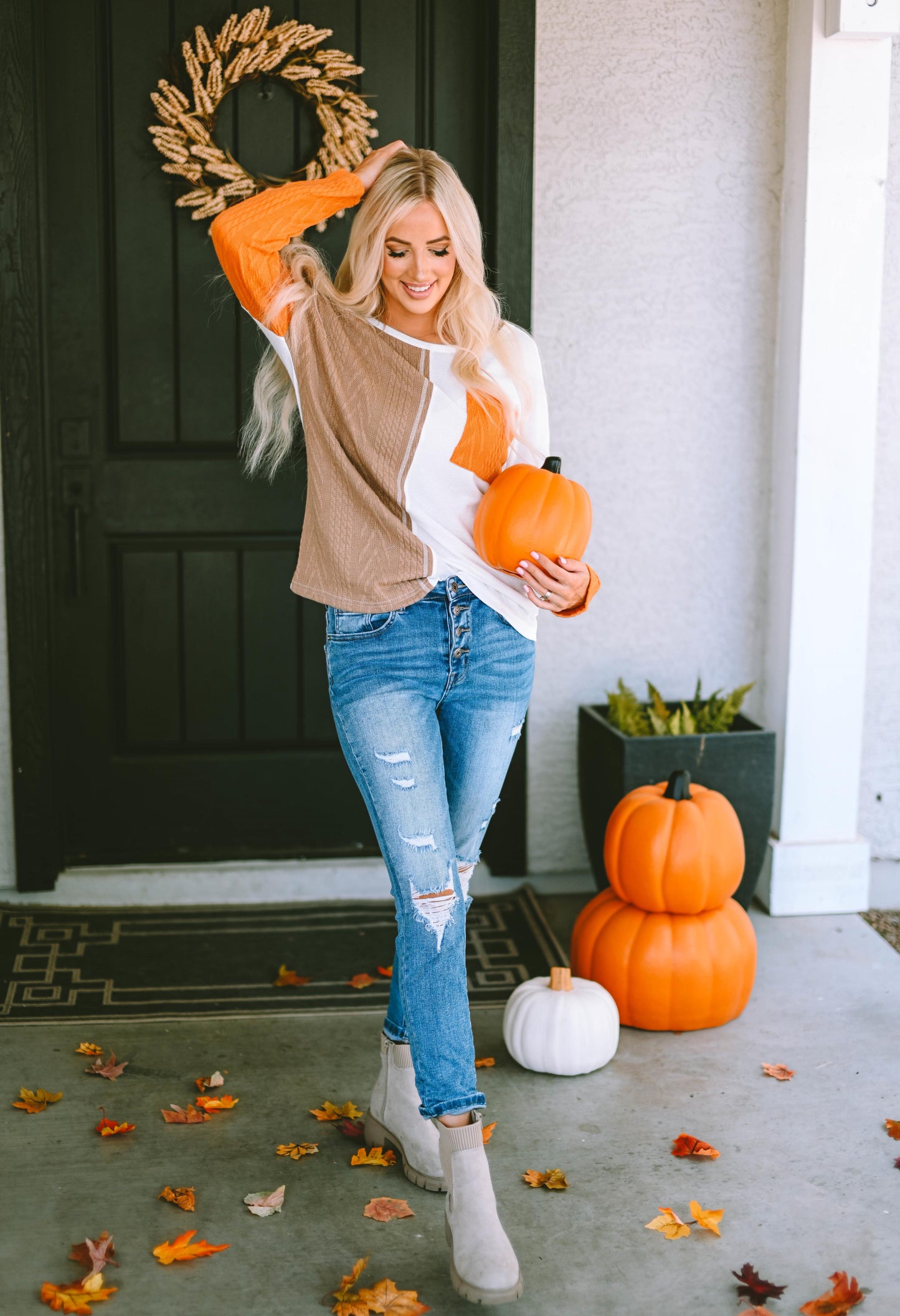 Orange Long Sleeve Colorblock Chest Pocket Textured Knit Top