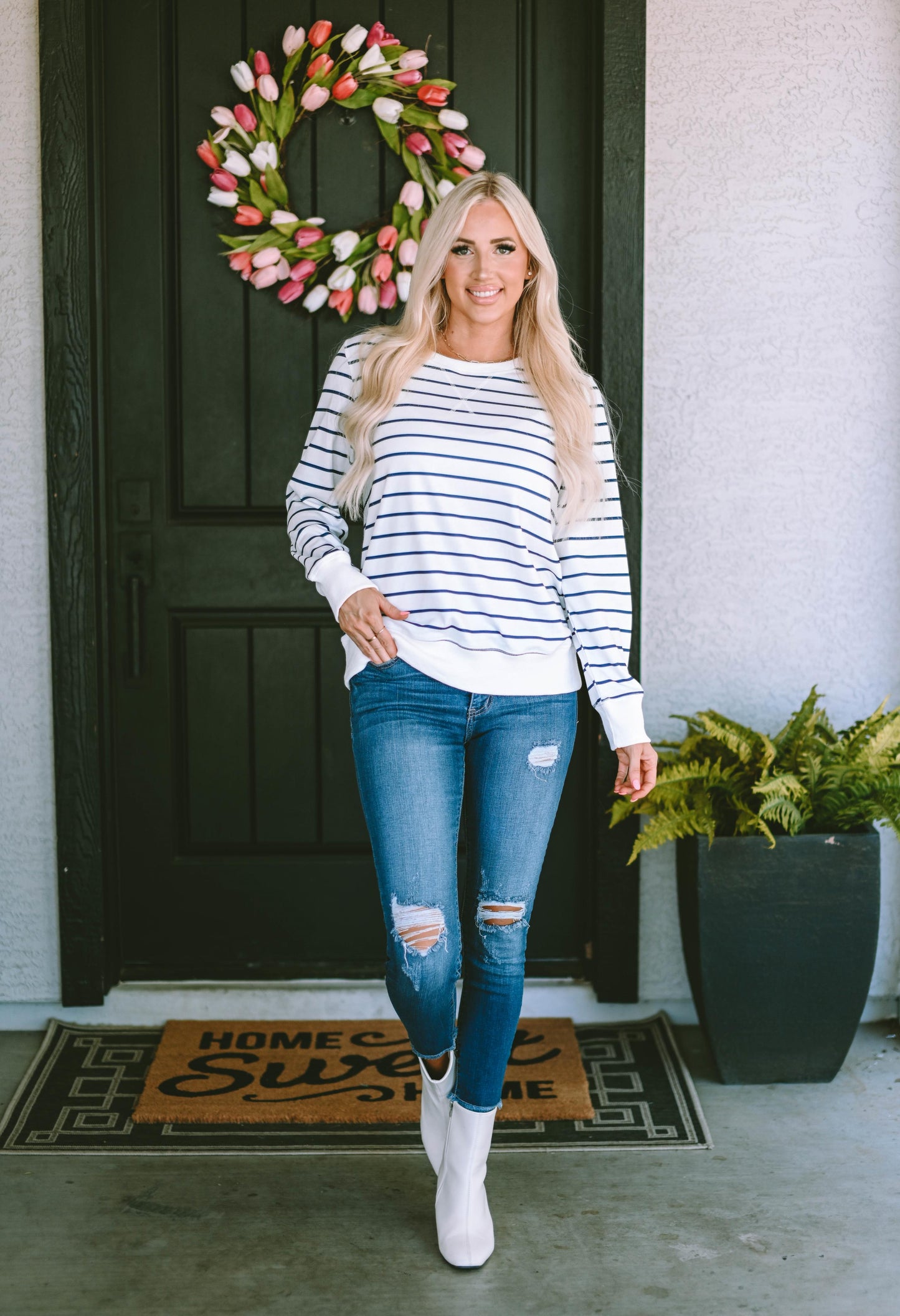 Striped Print Ribbed Trim Long Sleeve Top