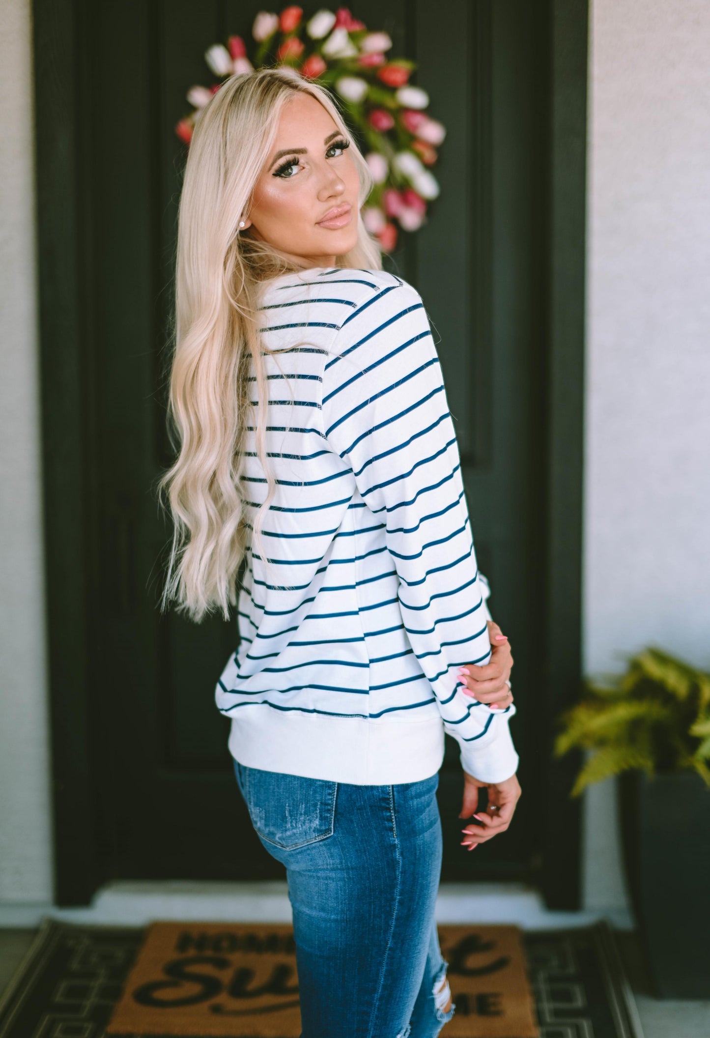 Striped Print Ribbed Trim Long Sleeve Top