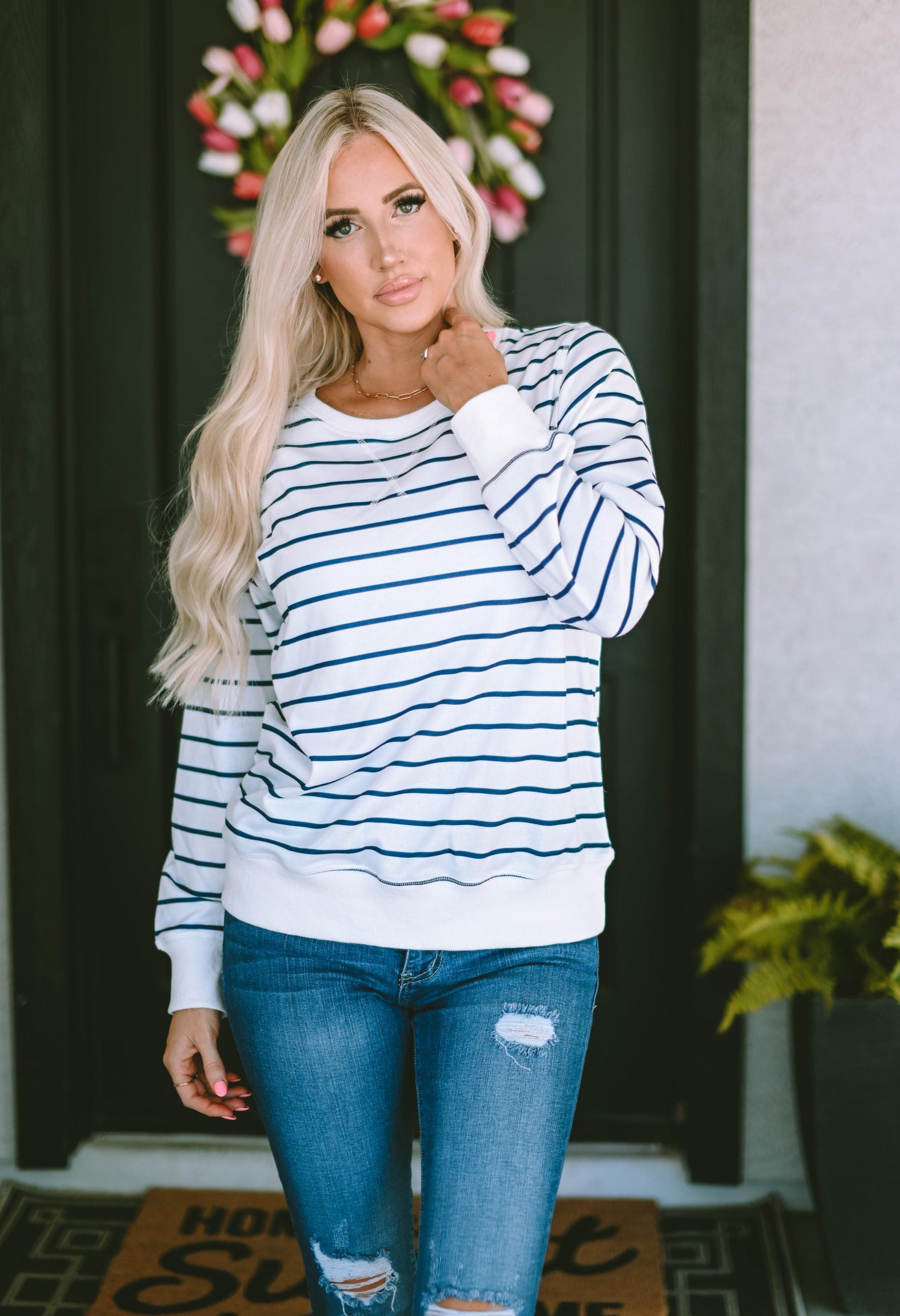 Striped Print Ribbed Trim Long Sleeve Top