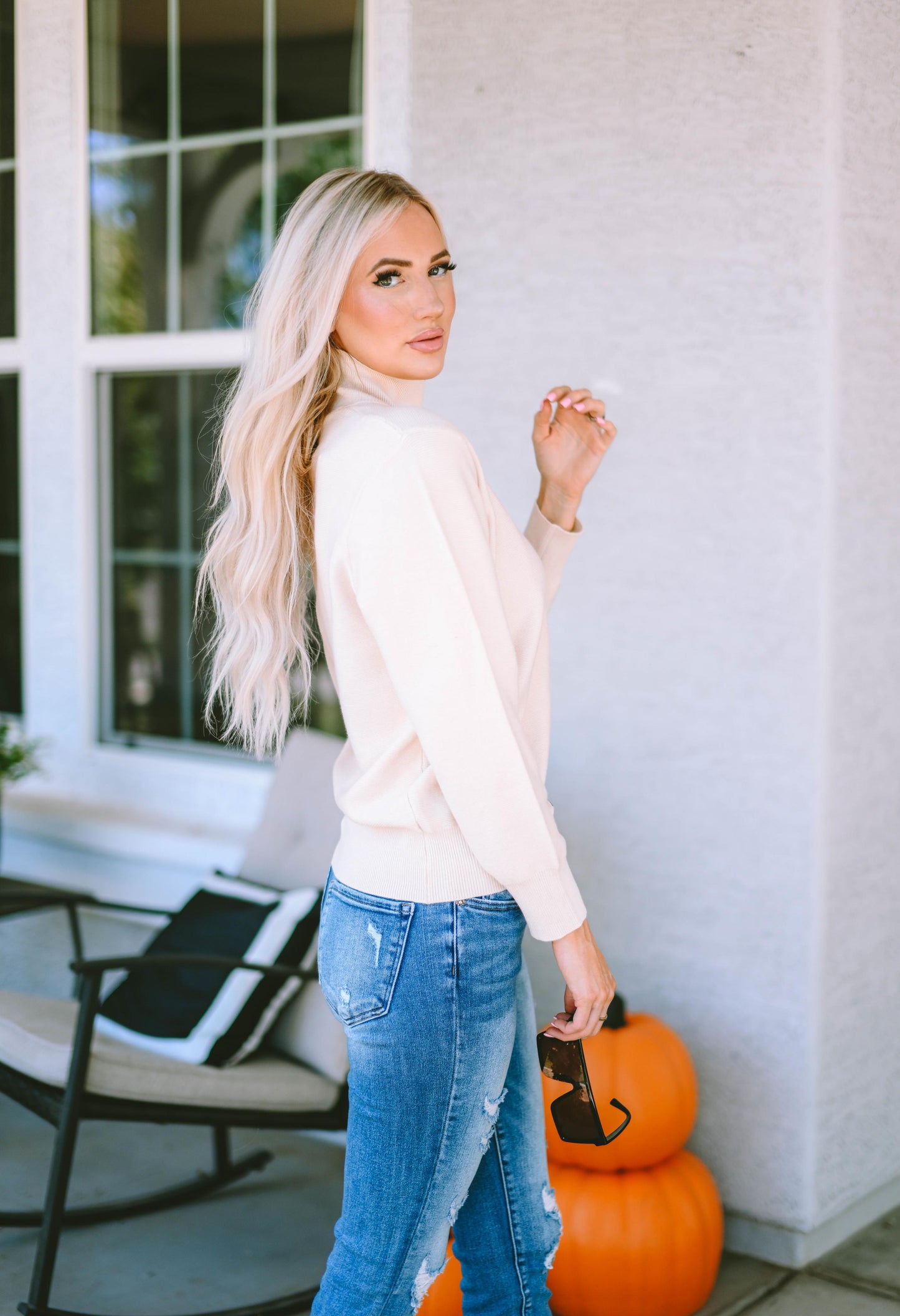 Khaki Ribbed Knit High Neck Long Sleeve Top