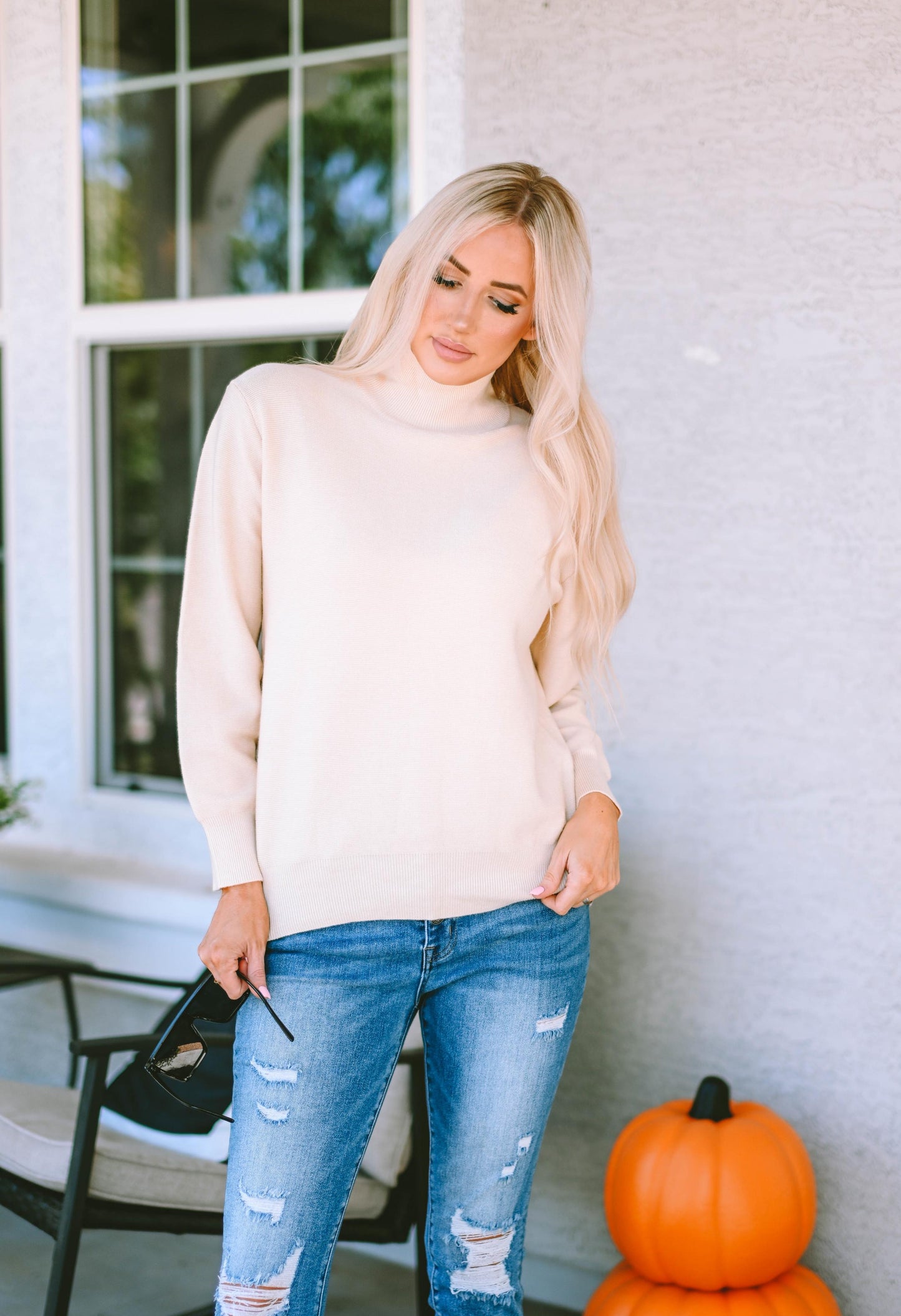 Khaki Ribbed Knit High Neck Long Sleeve Top