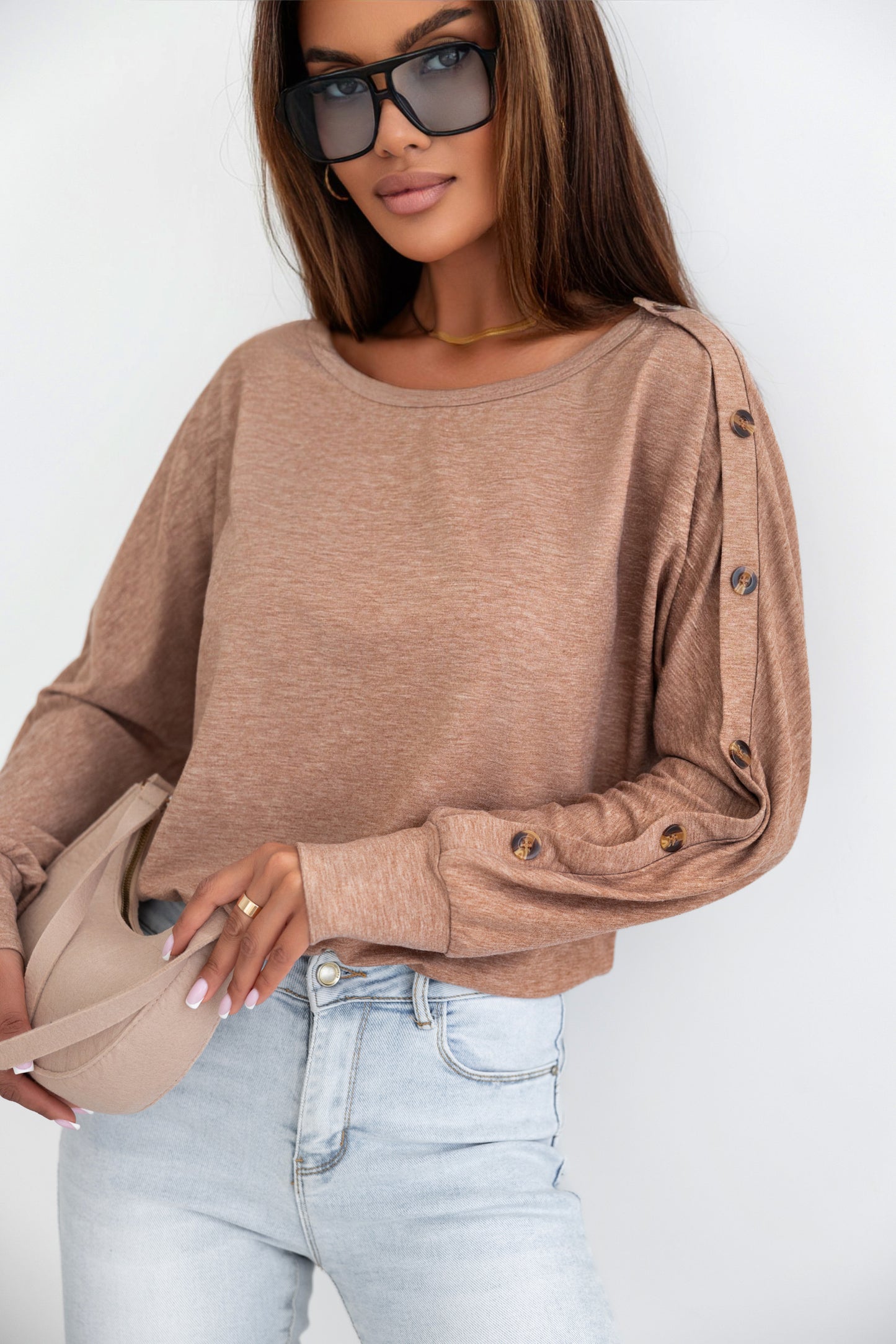 Khaki Solid Color Button Decor Dolman Sleeve Top