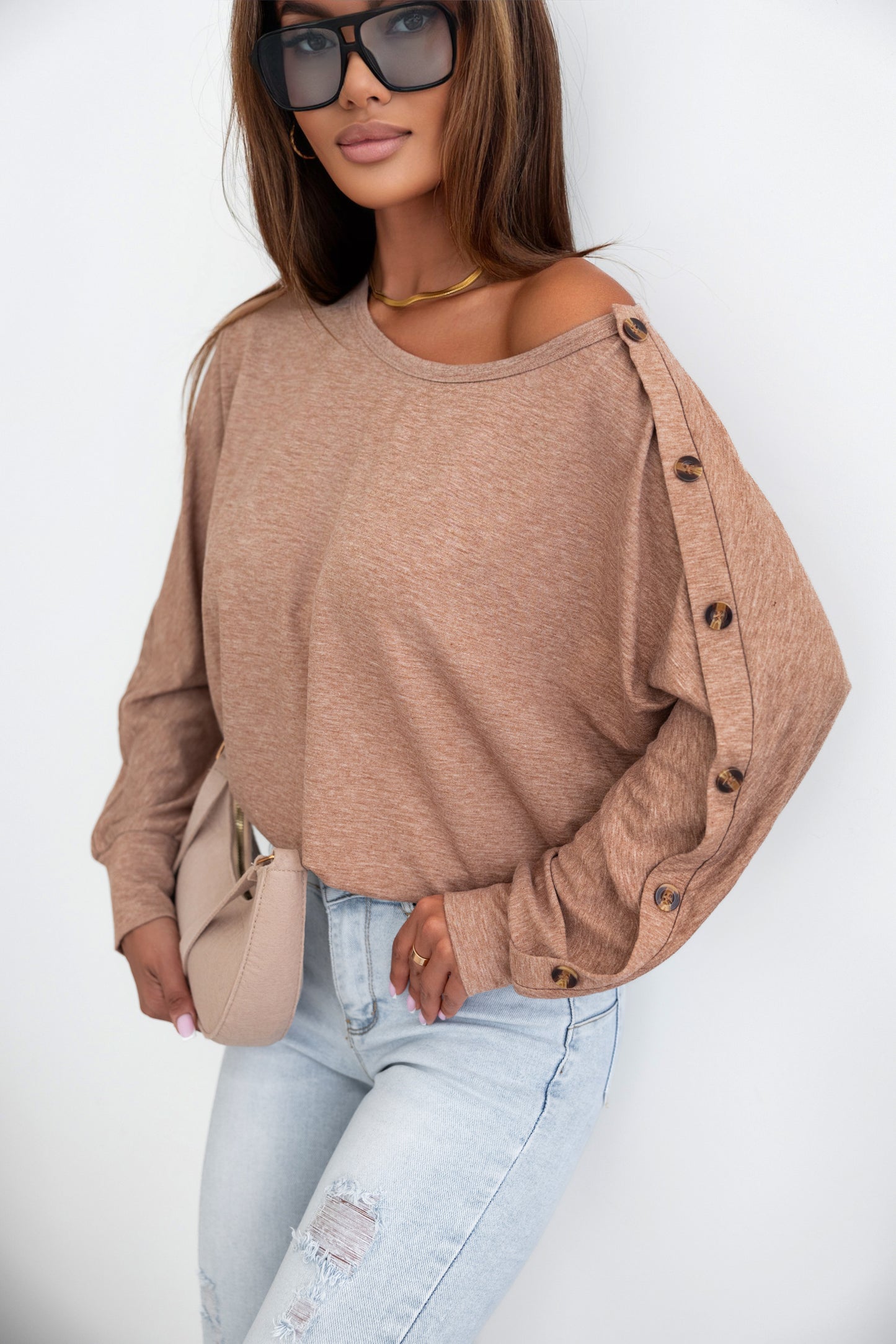 Khaki Solid Color Button Decor Dolman Sleeve Top