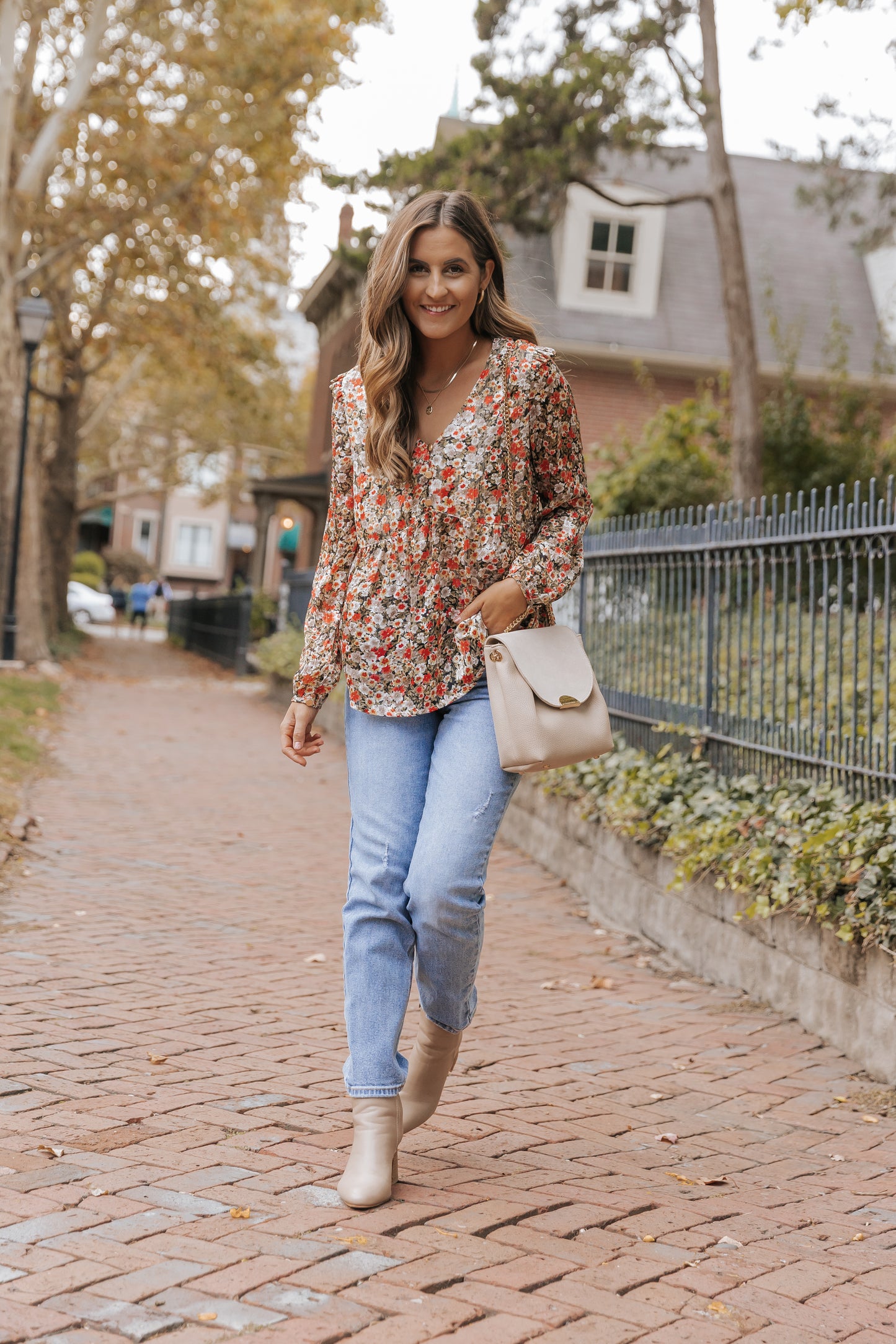 Khaki V Neck Ruffled Babydoll Floral Blouse