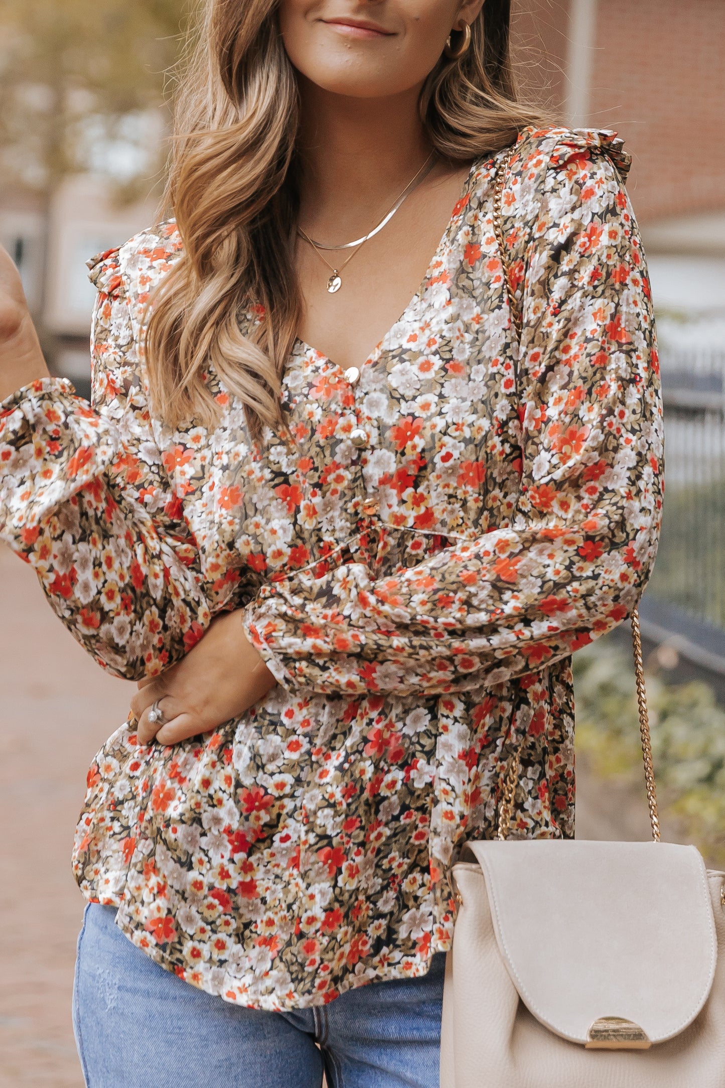 Khaki V Neck Ruffled Babydoll Floral Blouse