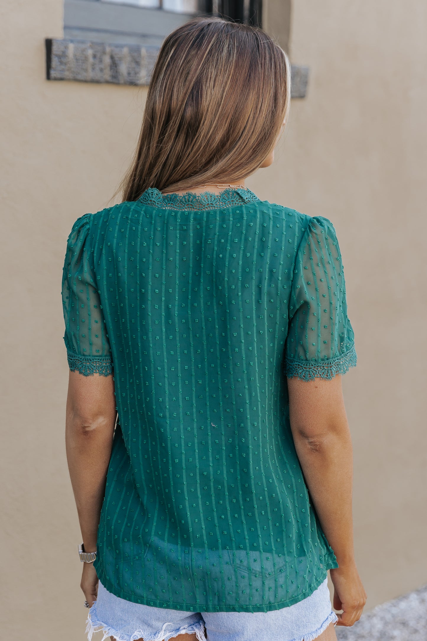 Lace Splicing V-Neck Swiss Dot Short Sleeve Top
