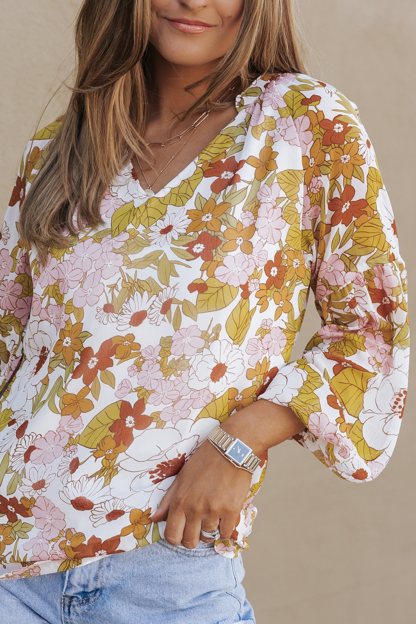 Floral Print V Neck Long Puff Sleeve Top