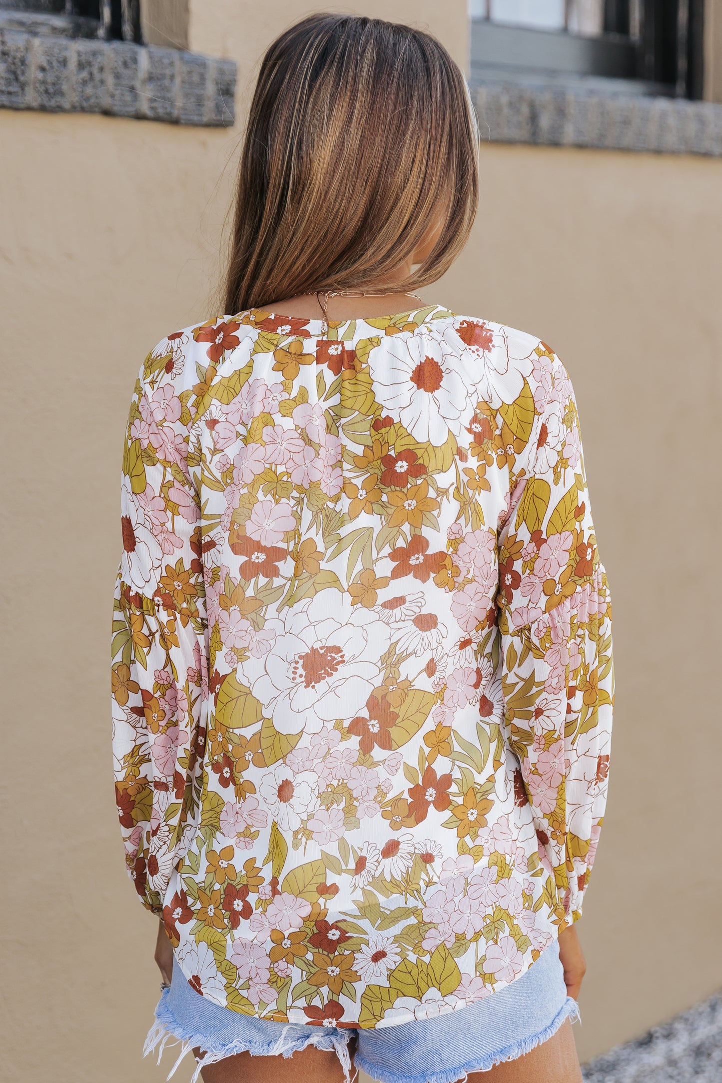 Floral Print V Neck Long Puff Sleeve Top