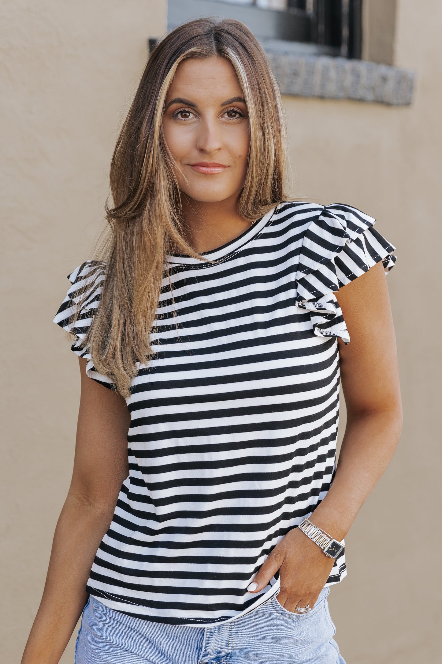 Stripe Print Tiered Ruffled Sleeve Tee