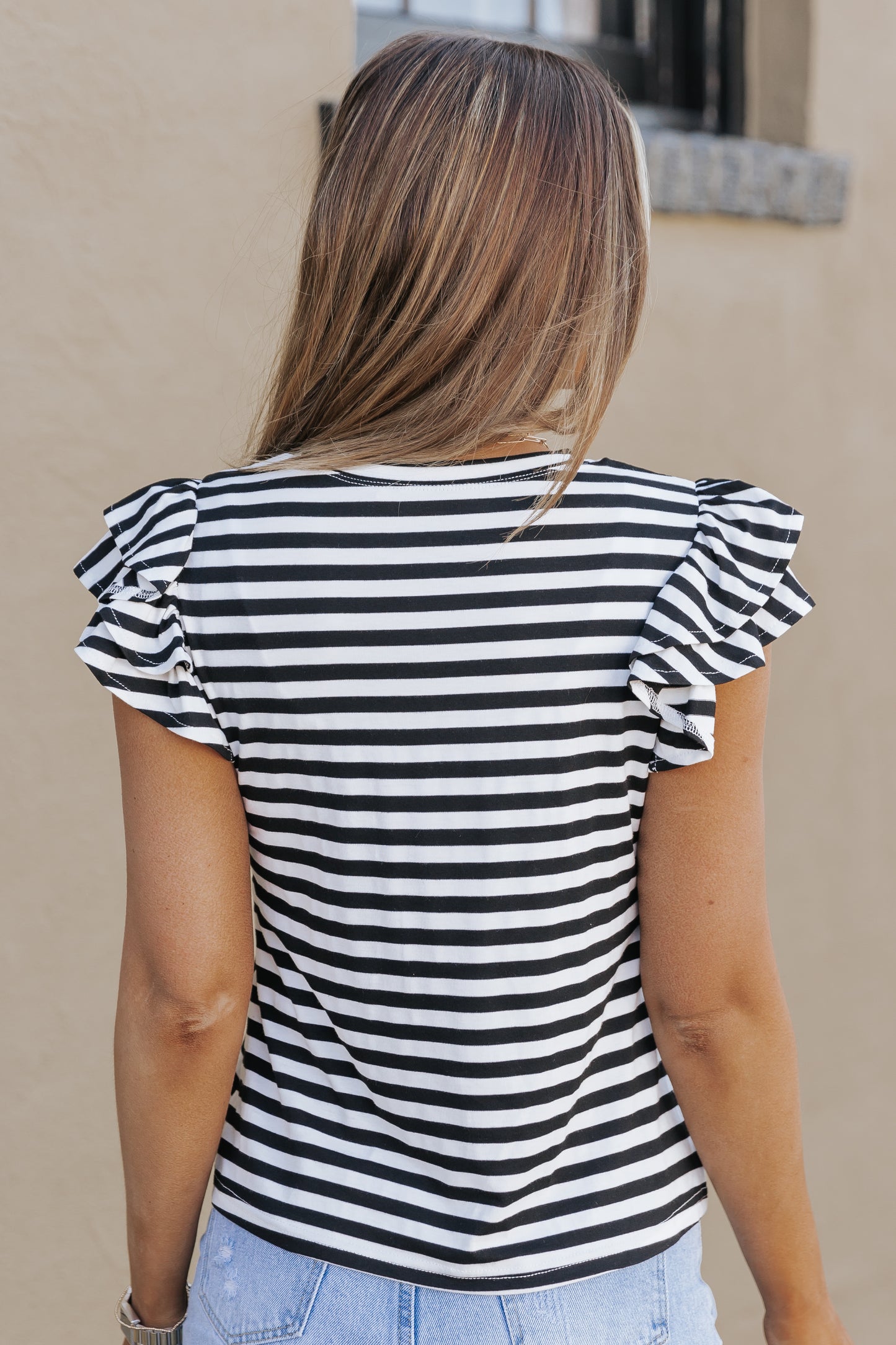 Stripe Print Tiered Ruffled Sleeve Tee