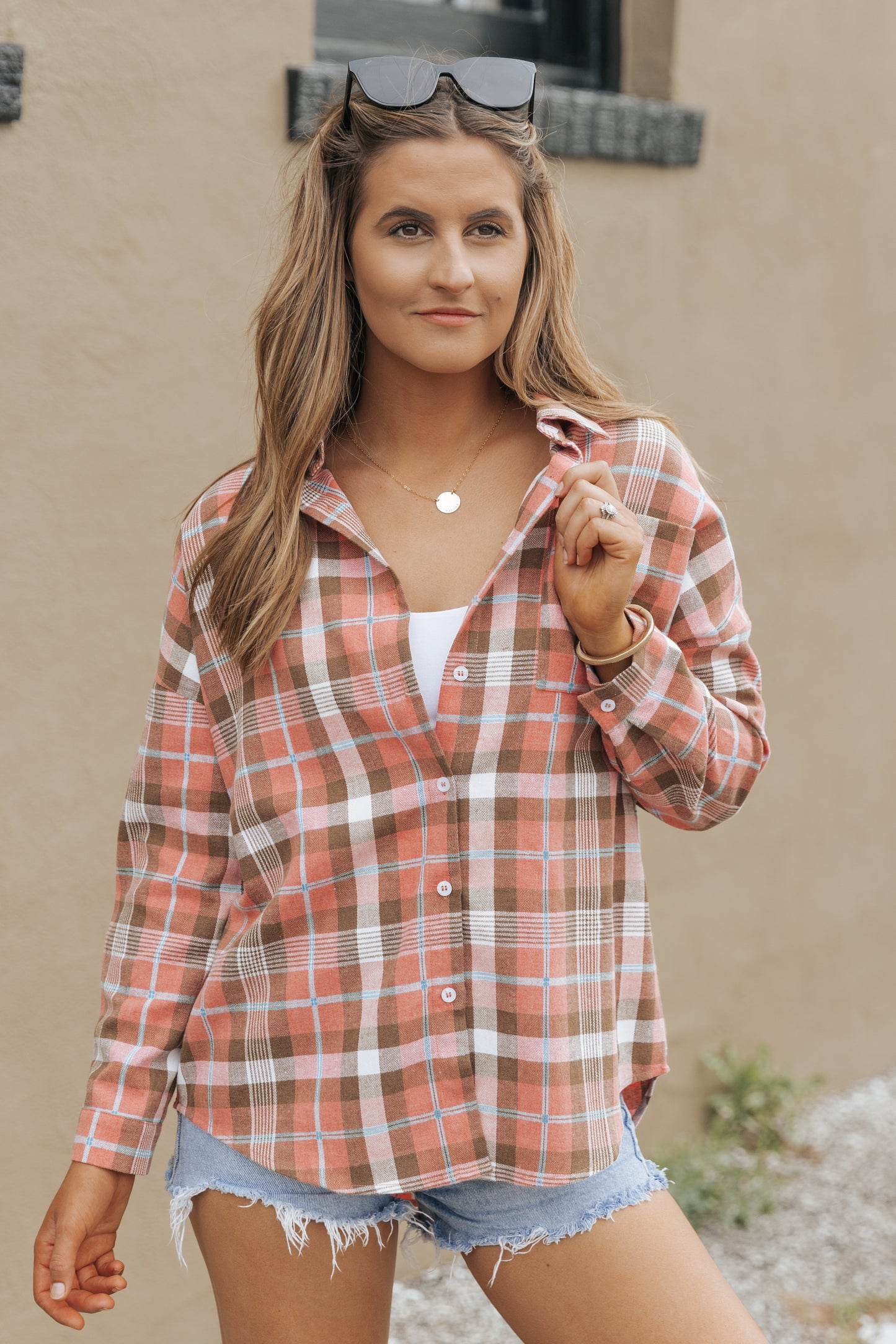Pink Drop Shoulder Rounded Hem Plaid Pattern Shirt