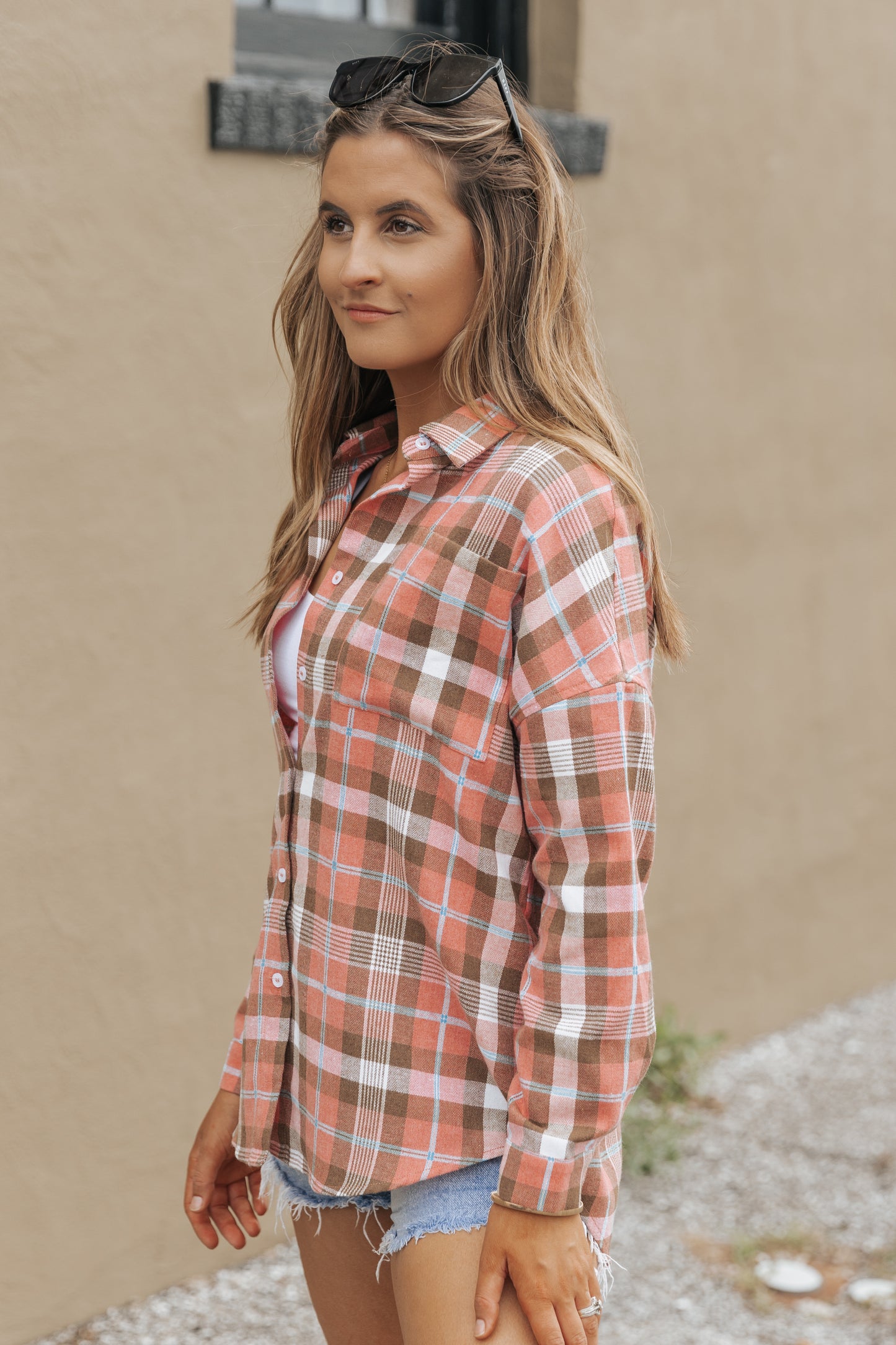 Pink Drop Shoulder Rounded Hem Plaid Pattern Shirt